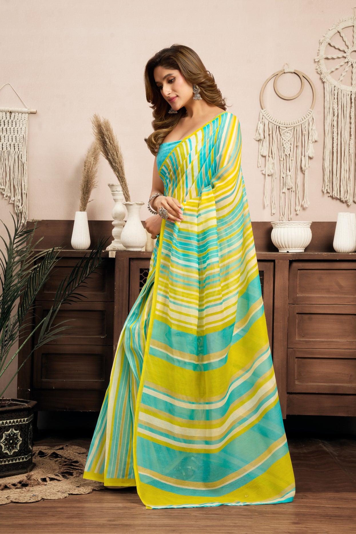 Multi Color Linen Ready To Wear Saree With Printed Design And Zari Stripe Border With Pocket