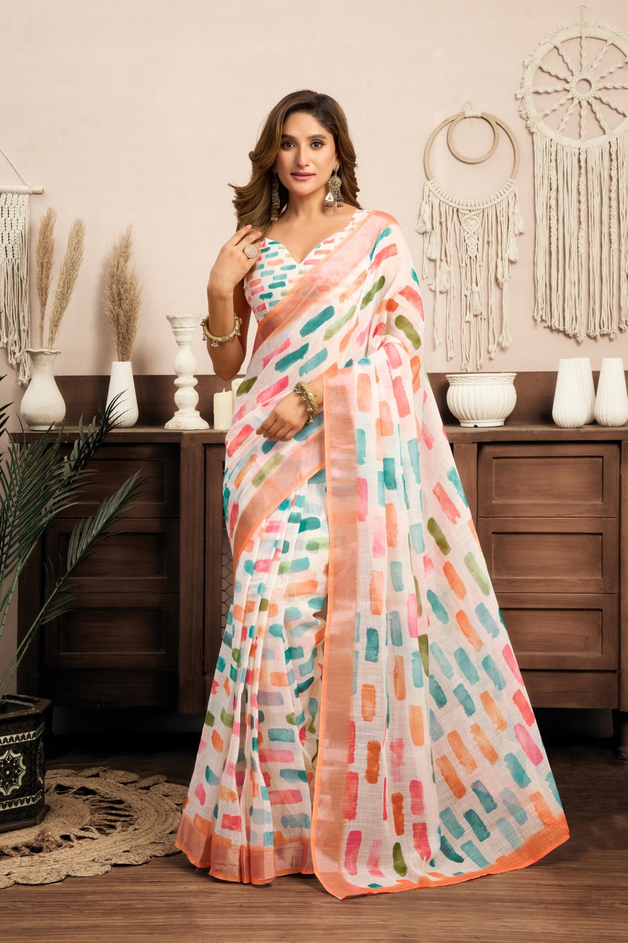 Multi Color Linen Ready To Wear Saree With Printed Design And Zari Stripe Border With Pocket