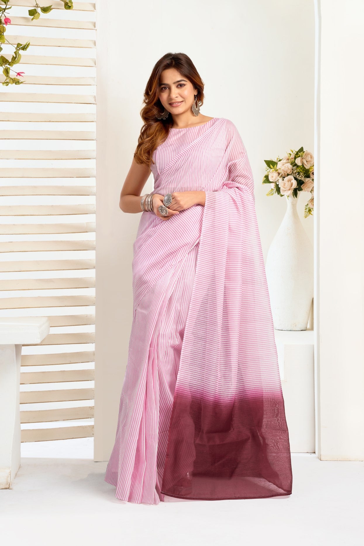 Multi Color Linen Ready To Wear Saree With Printed Design And Zari Stripe Border With Pocket