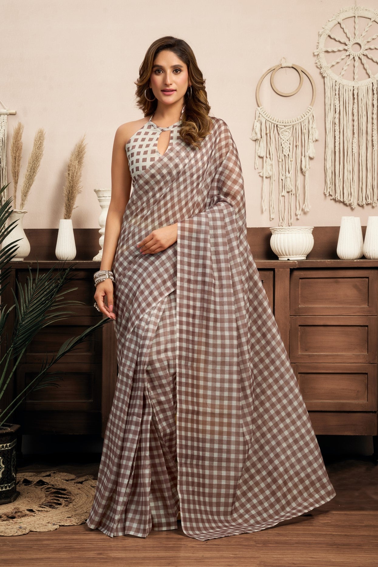 Multi Color Linen Ready To Wear Saree With Printed Design And Zari Stripe Border With Pocket