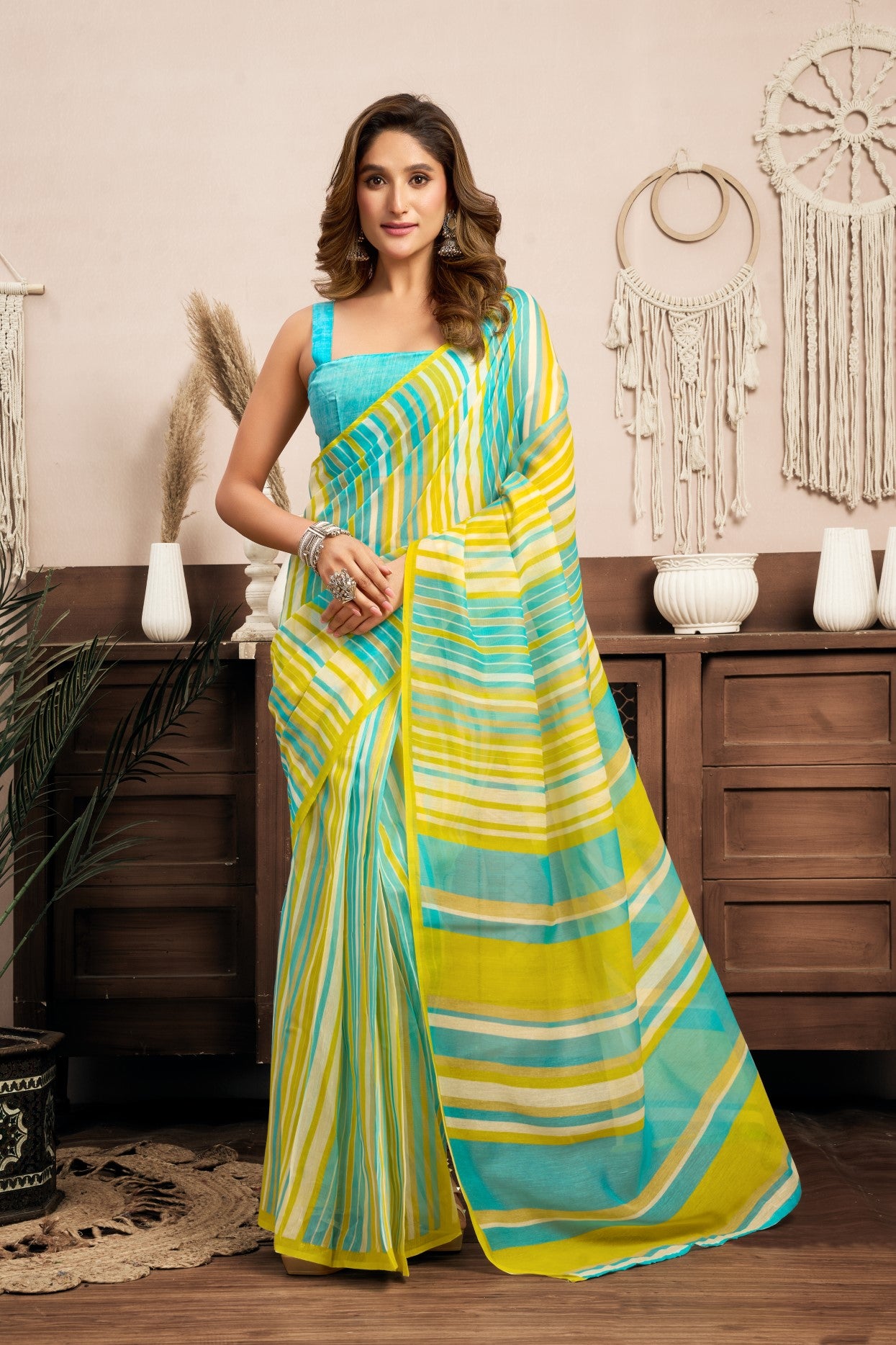Multi Color Linen Ready To Wear Saree With Printed Design And Zari Stripe Border With Pocket