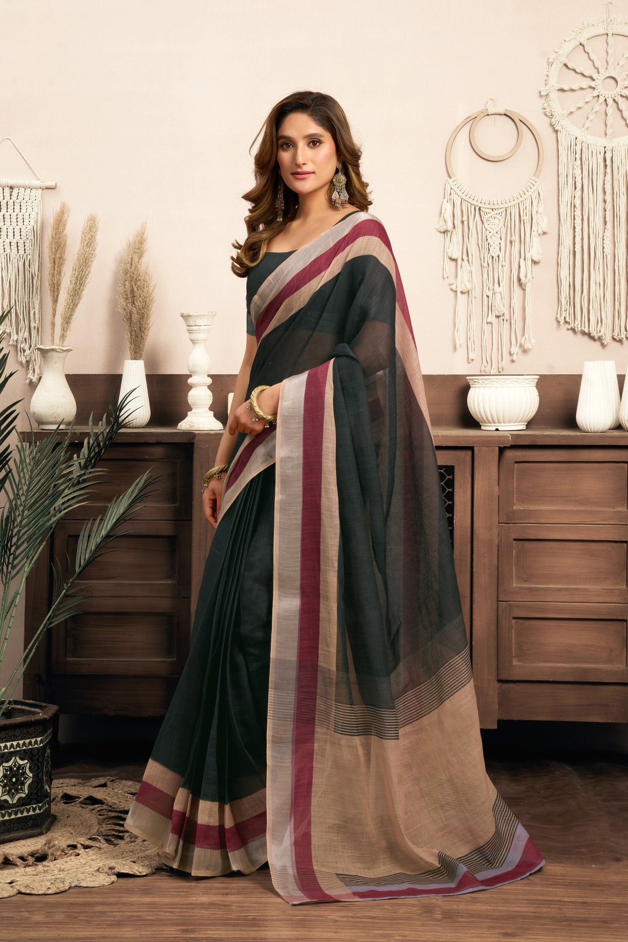 Multi Color Linen Ready To Wear Saree With Printed Design And Zari Stripe Border With Pocket