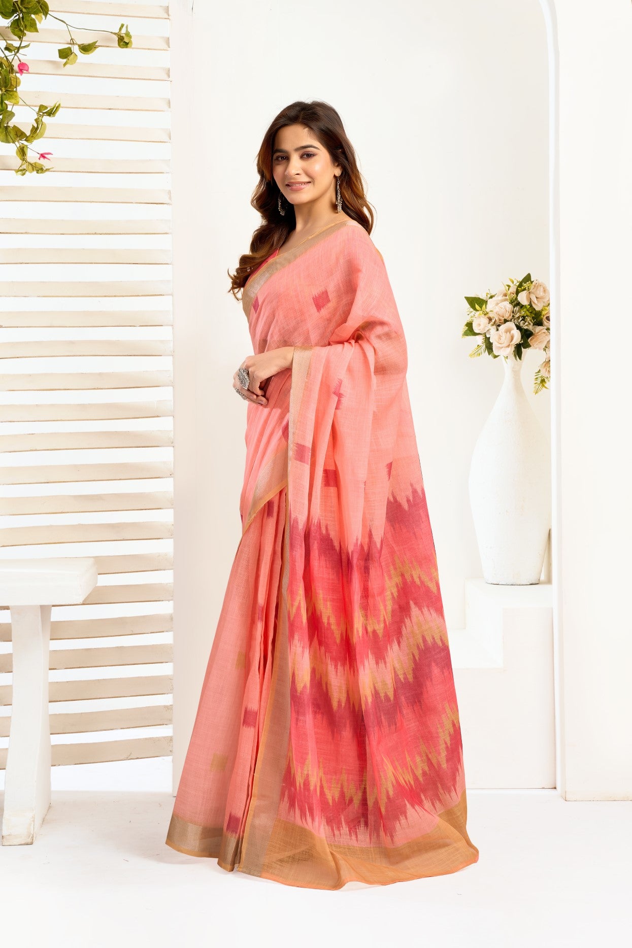 Multi Color Linen Ready To Wear Saree With Printed Design And Zari Stripe Border With Pocket