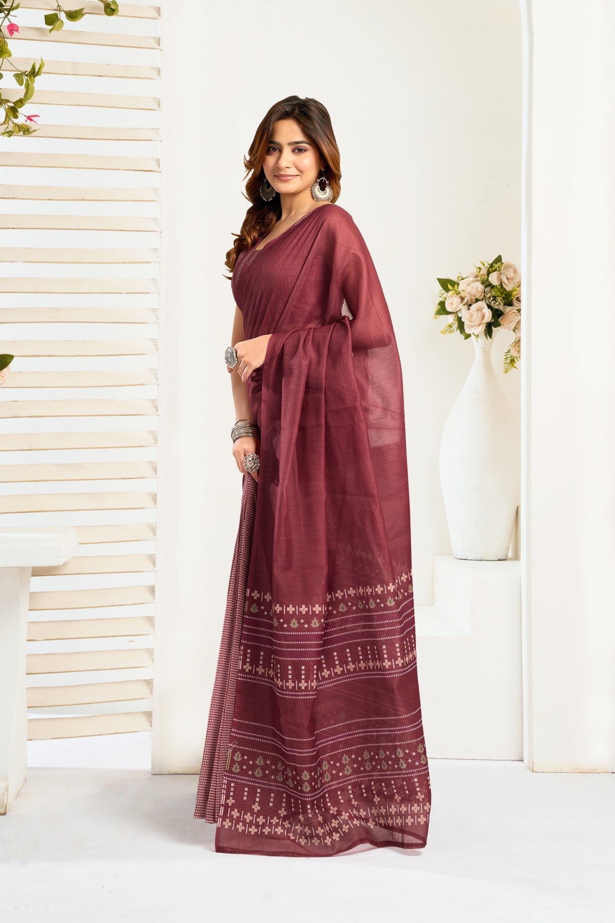 Multi Color Linen Ready To Wear Saree With Printed Design And Zari Stripe Border With Pocket