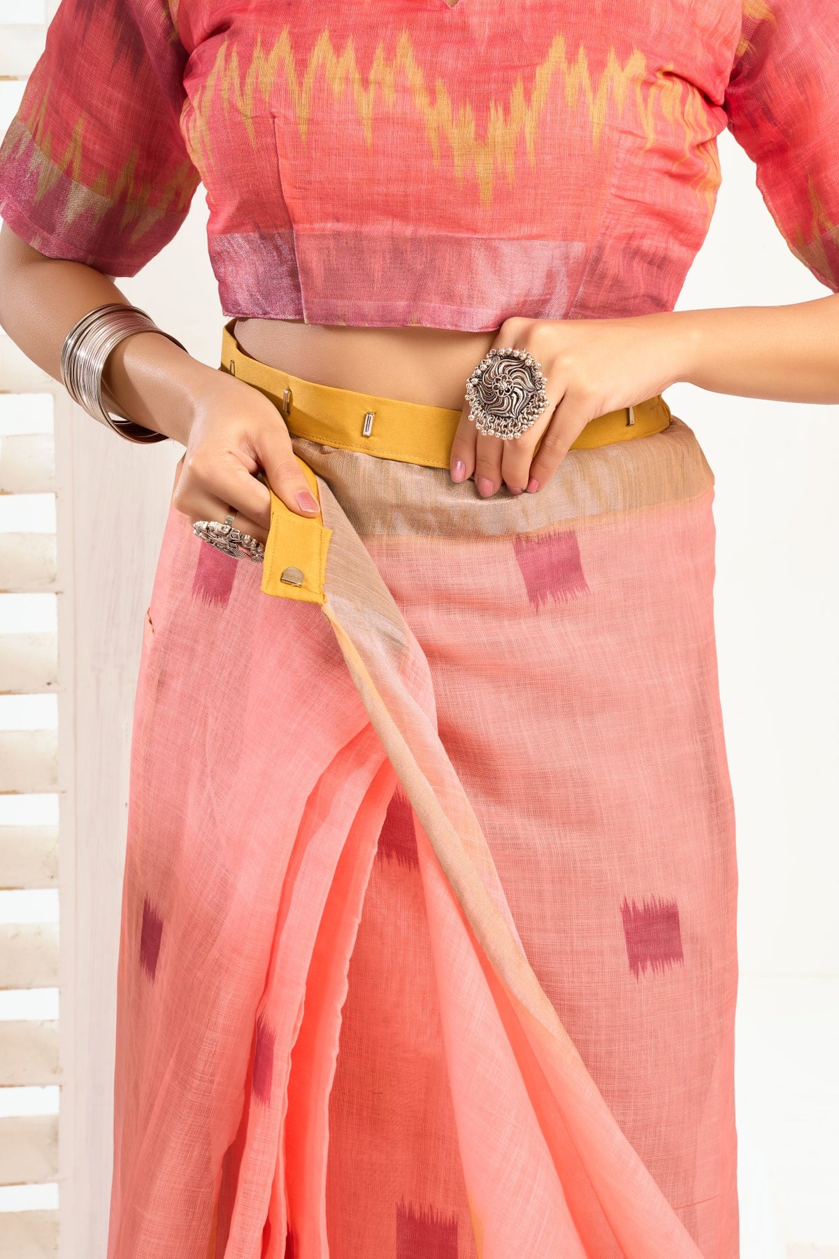 Multi Color Linen Ready To Wear Saree With Printed Design And Zari Stripe Border With Pocket