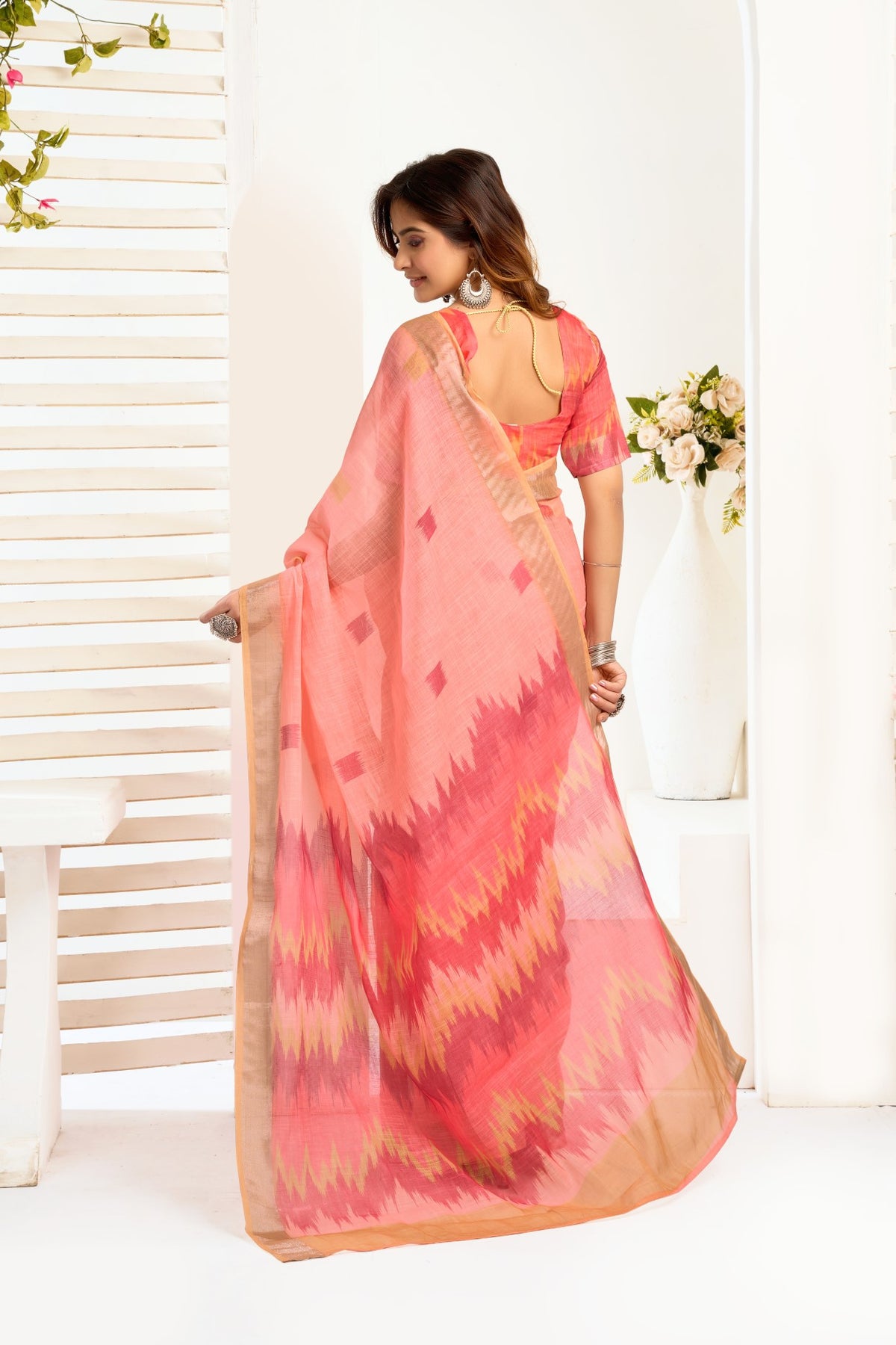 Multi Color Linen Ready To Wear Saree With Printed Design And Zari Stripe Border With Pocket