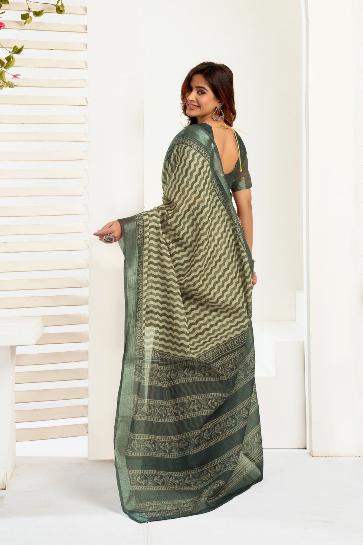 Multi Color Linen Ready To Wear Saree With Printed Design And Zari Stripe Border With Pocket