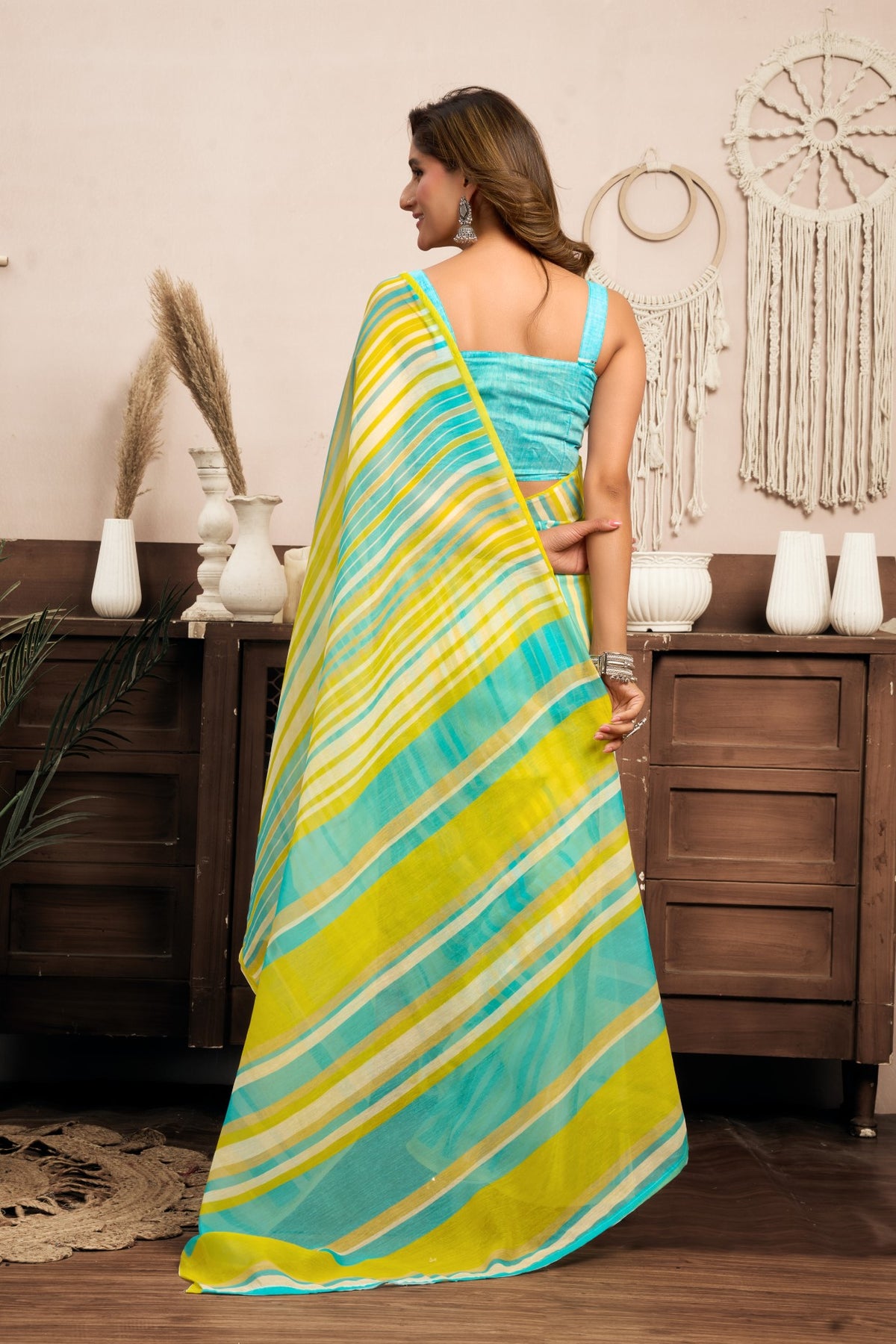 Multi Color Linen Ready To Wear Saree With Printed Design And Zari Stripe Border With Pocket