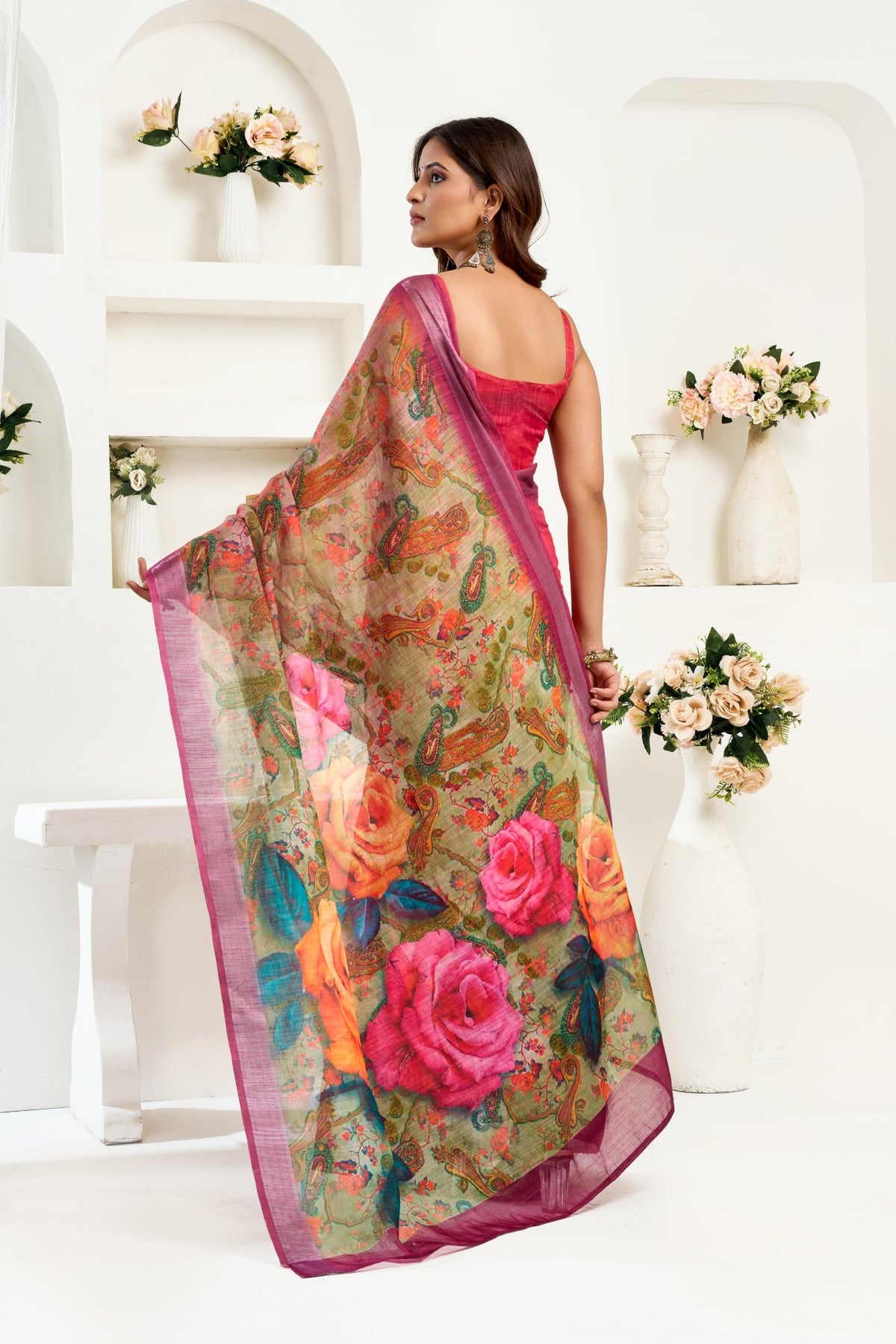 Multi Color Linen Ready To Wear Saree With Zari Border Printed