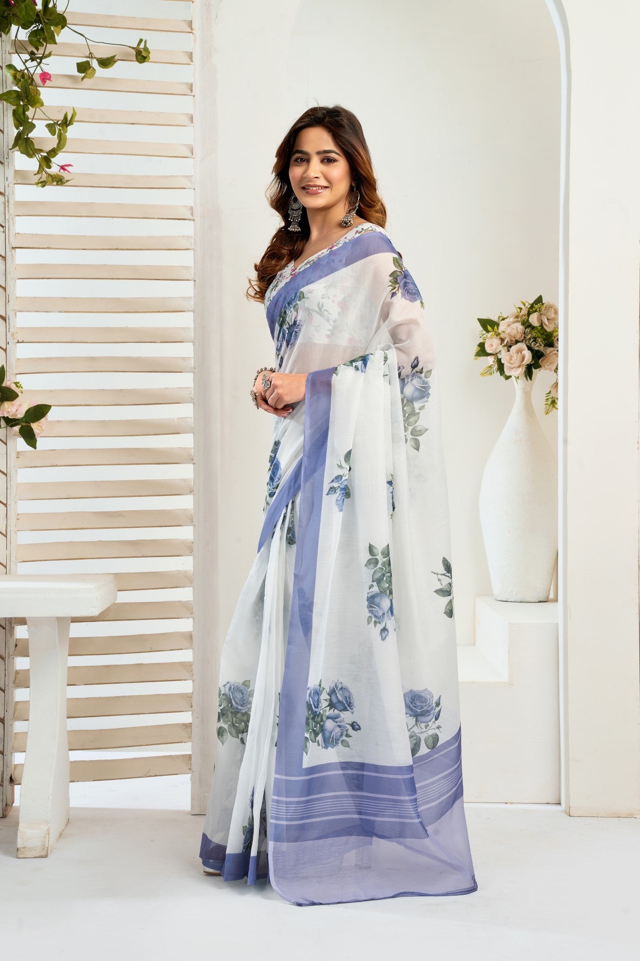 Multi Color Linen Ready To Wear Saree With Zari Border Printed
