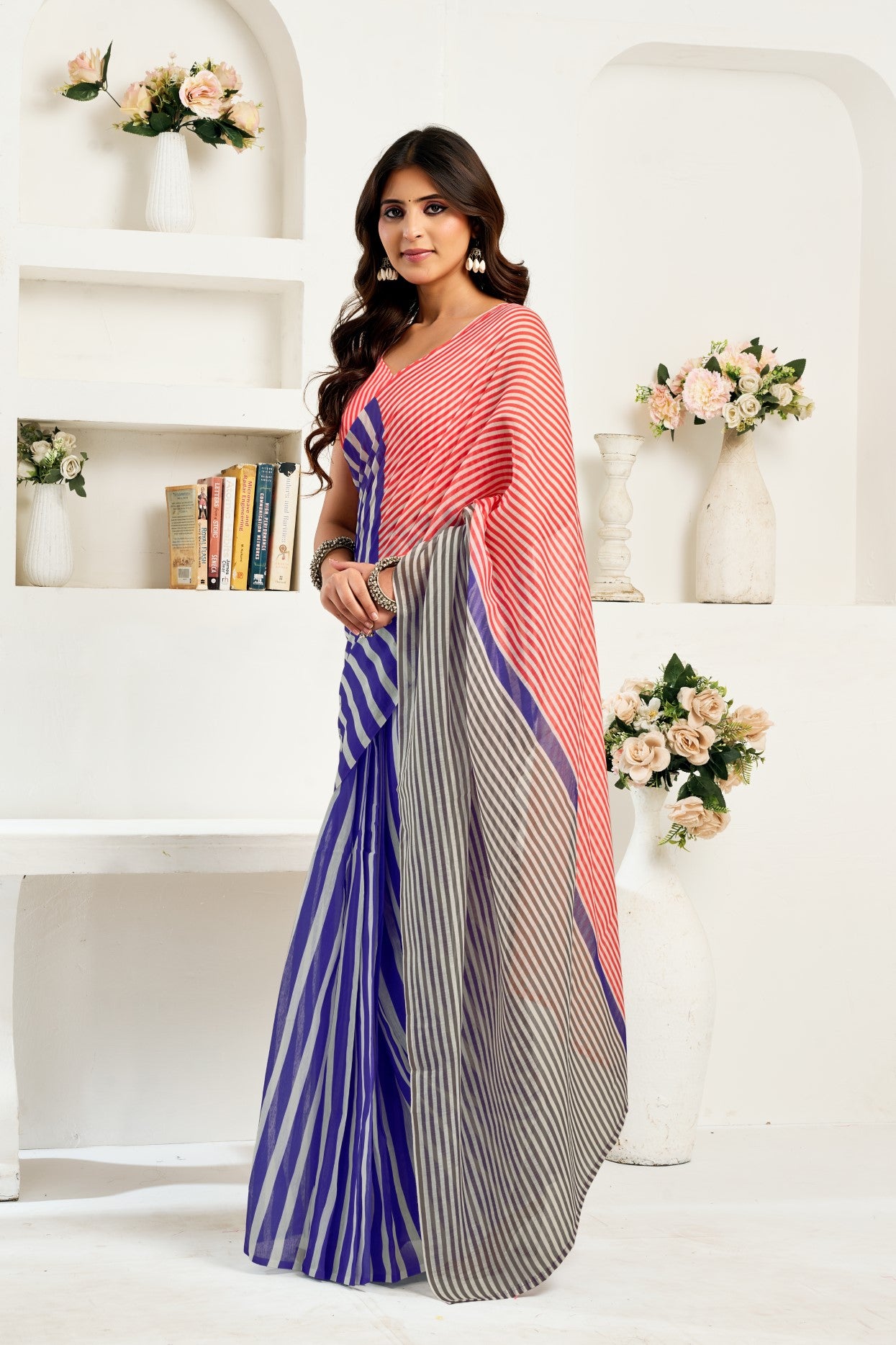Multi Color Linen Ready To Wear Saree With Zari Border Printed