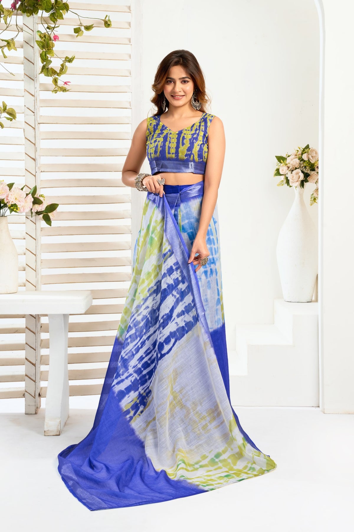 Multi Color Linen Ready To Wear Saree With Zari Border Printed