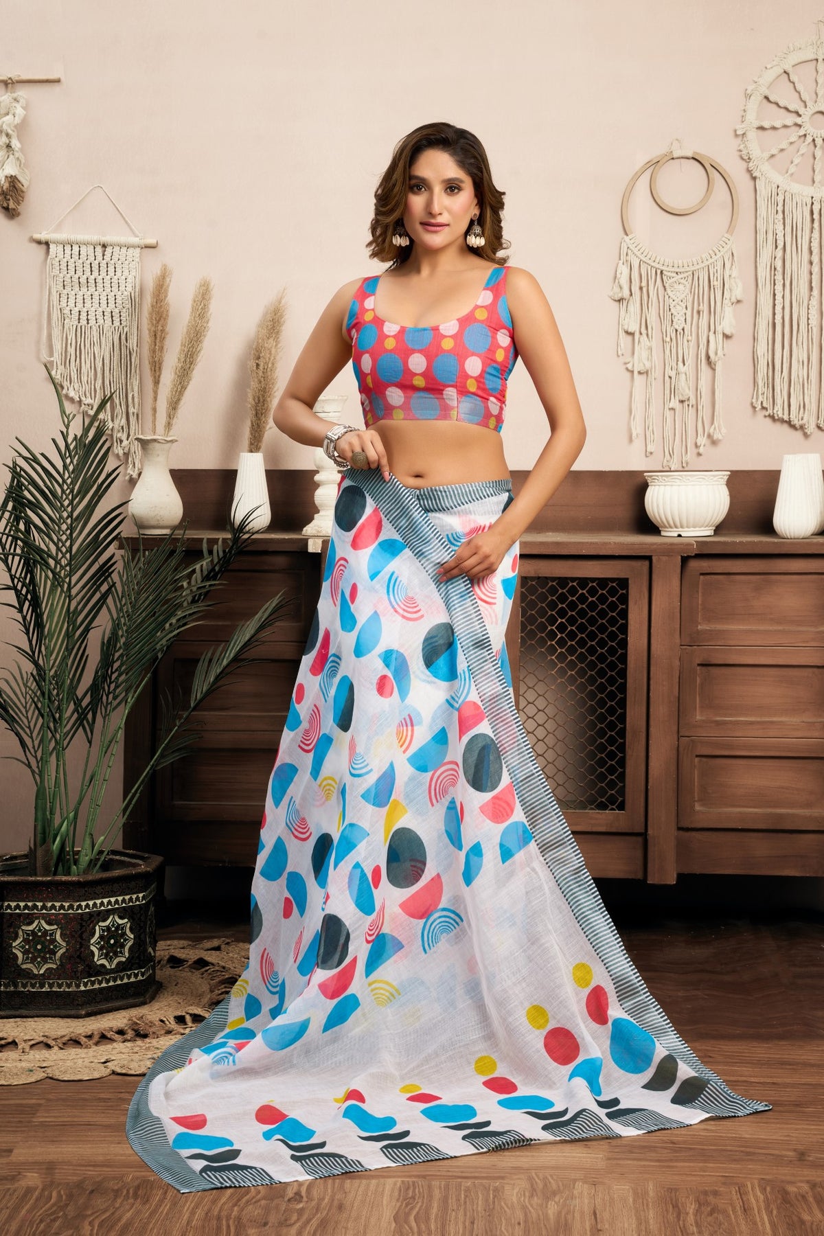 Multi Color Linen Ready To Wear Saree With Zari Border Printed