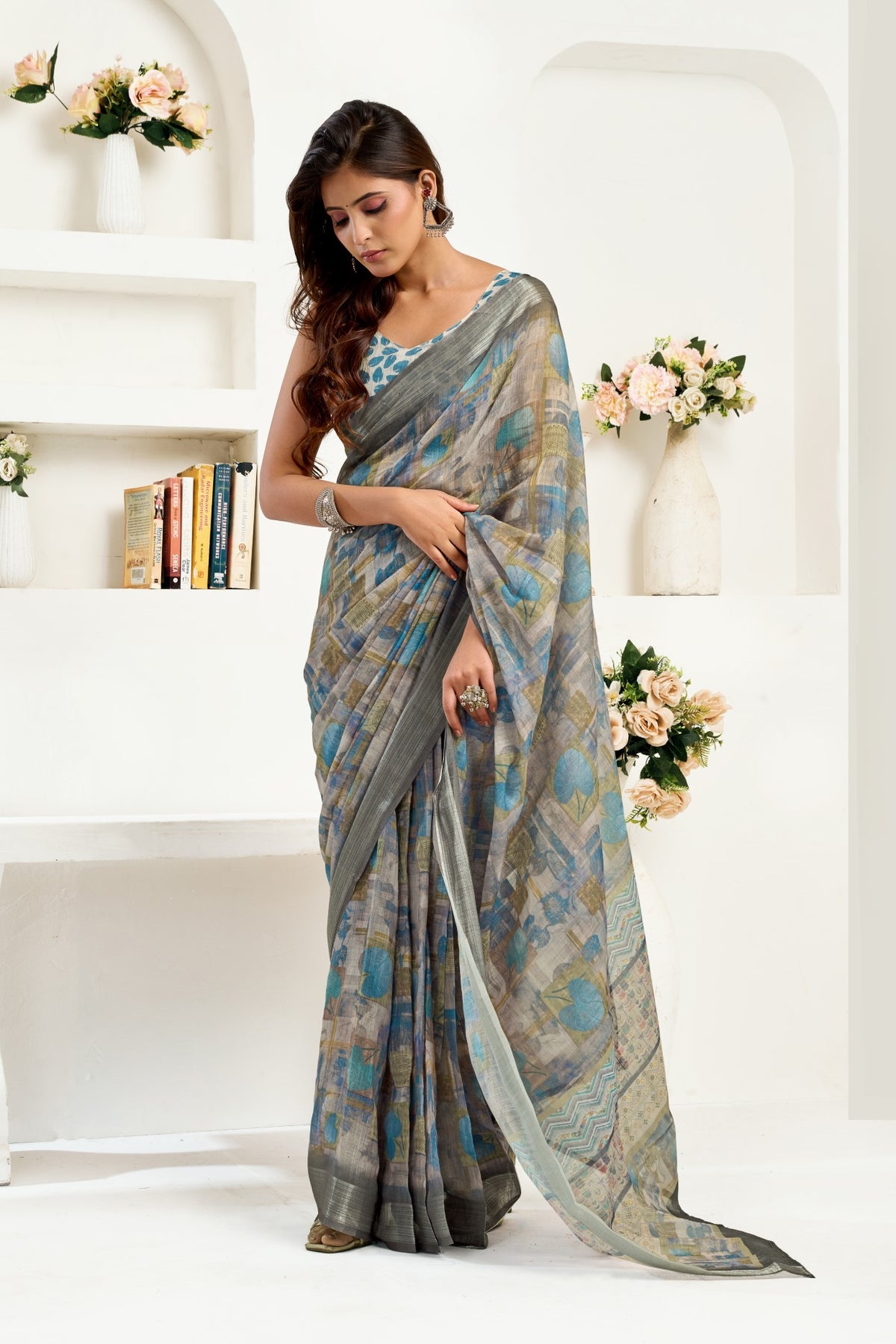 Multi Color Linen Ready To Wear Saree With Zari Border Printed