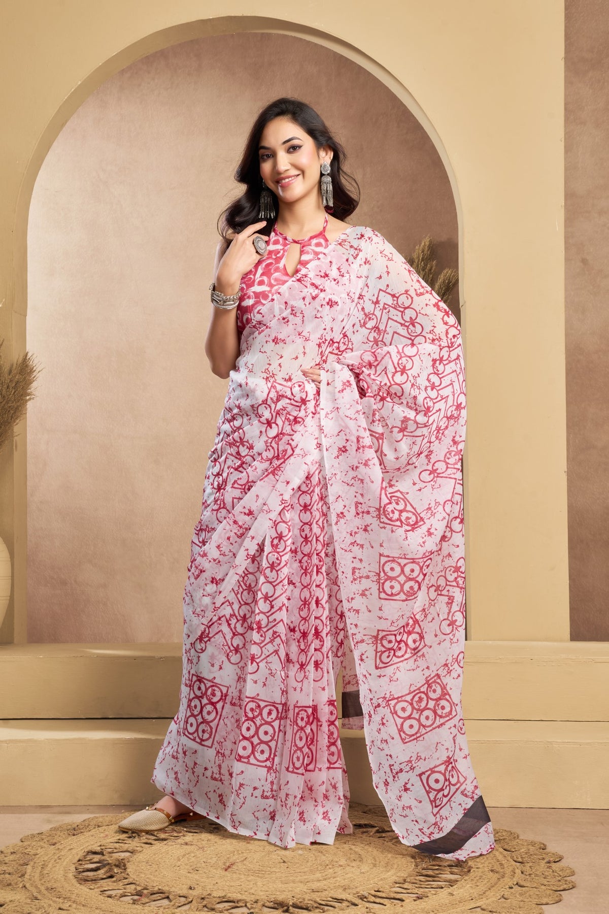 Multi Color Linen Ready To Wear Saree With Zari Border Printed