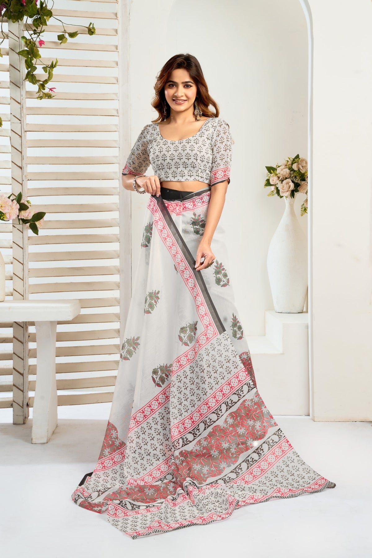 Multi Color Linen Ready To Wear Saree With Zari Border Printed