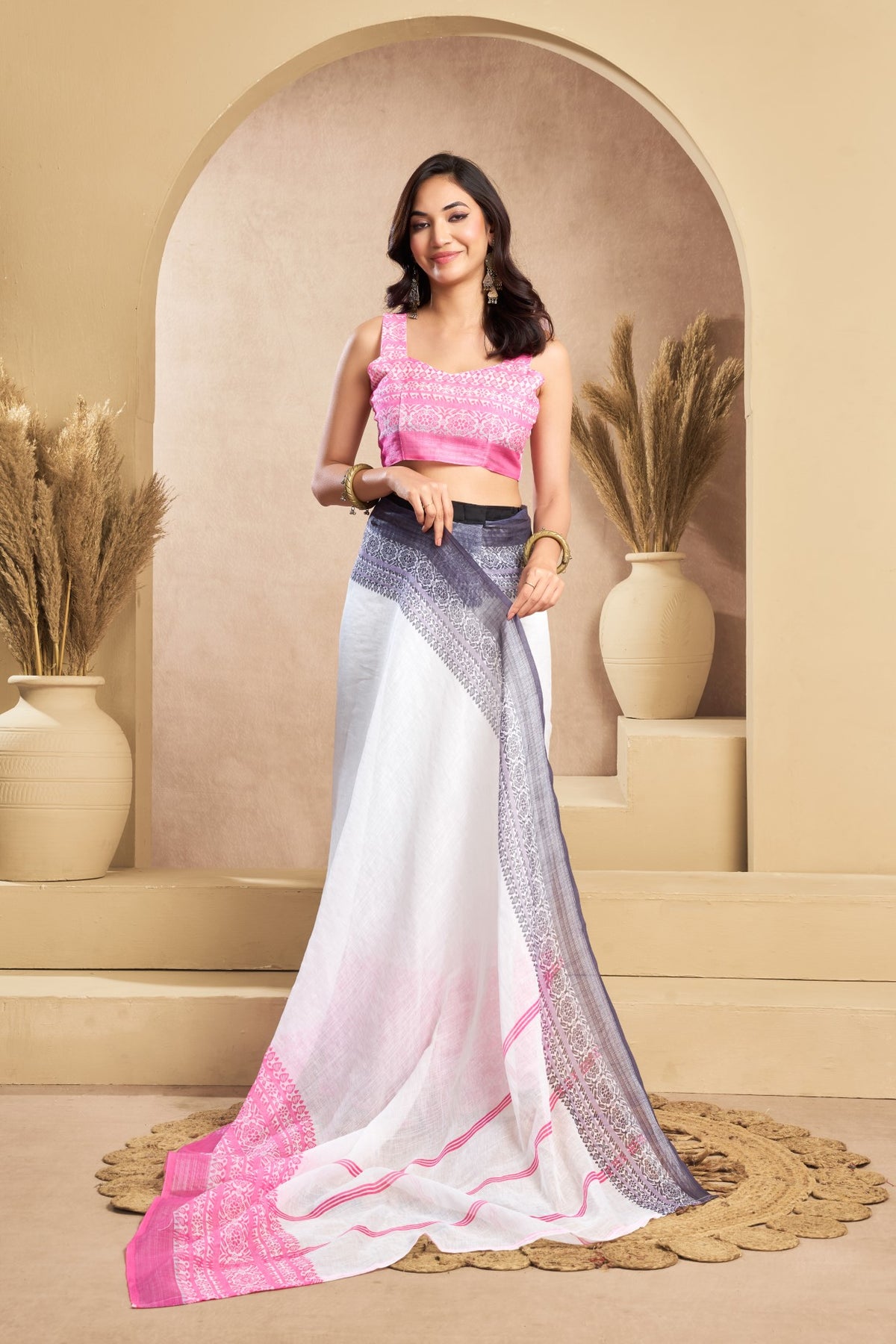 Multi Color Linen Ready To Wear Saree With Zari Border Printed