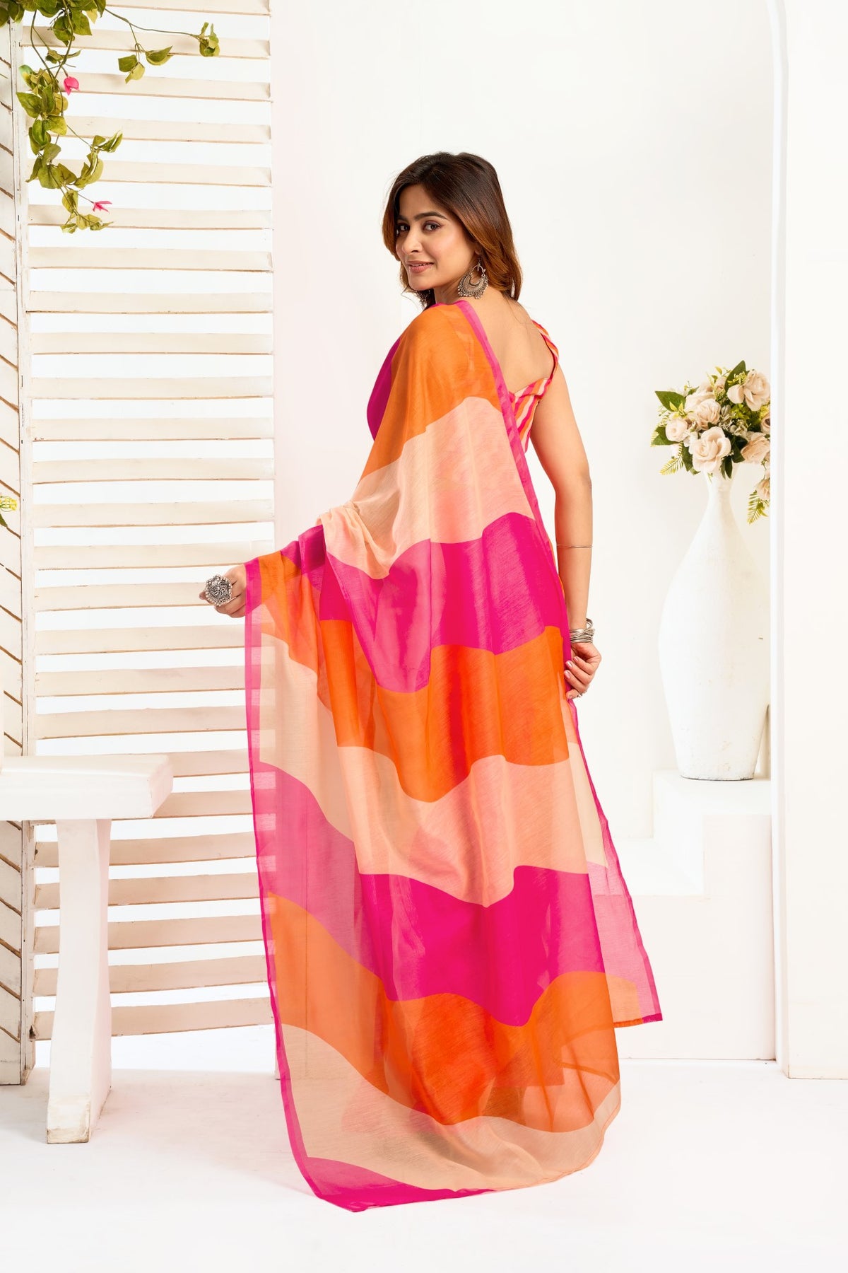 Multi Color Linen Ready To Wear Saree With Zari Border Printed