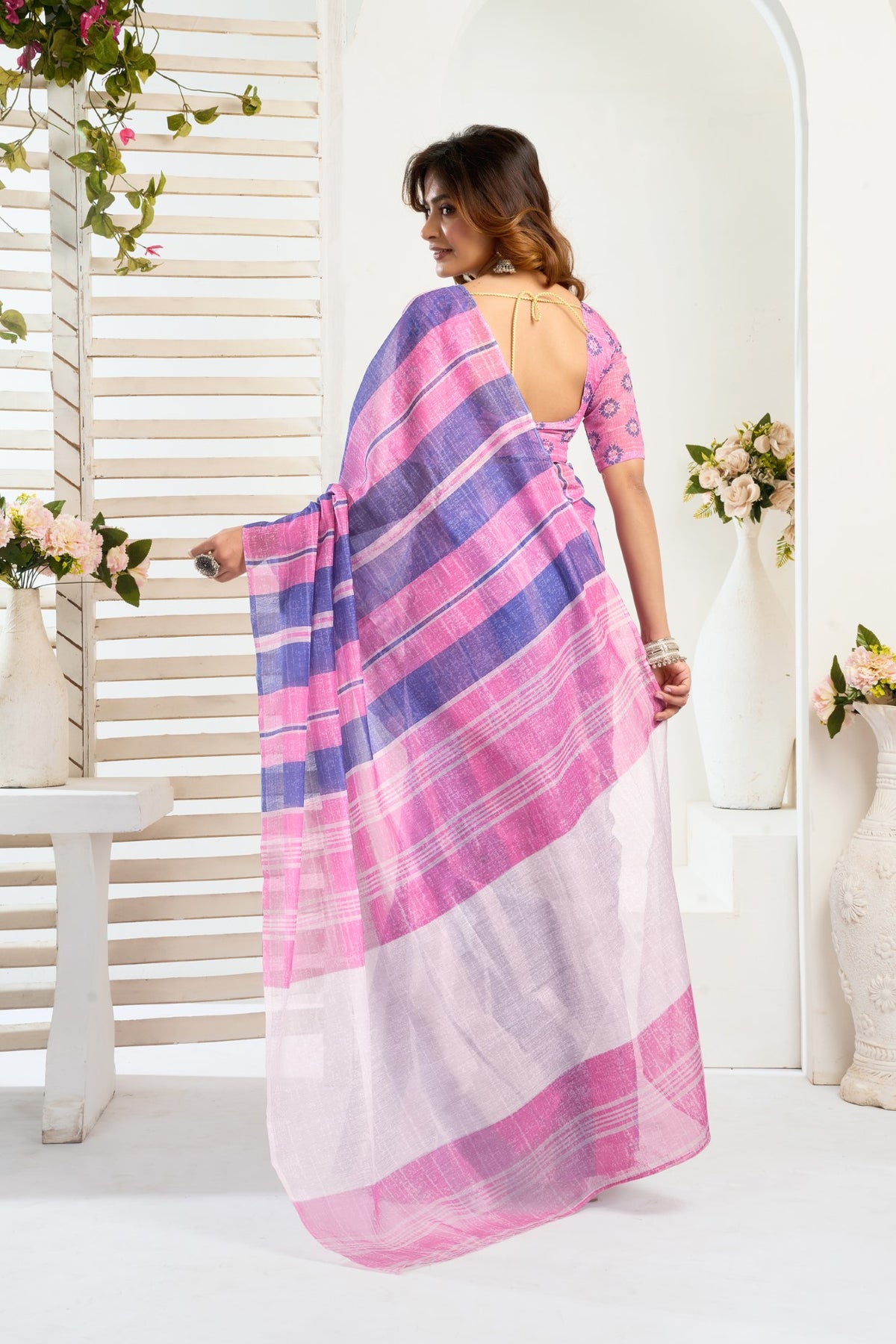 Multi Color Linen Ready To Wear Saree With Zari Border Printed