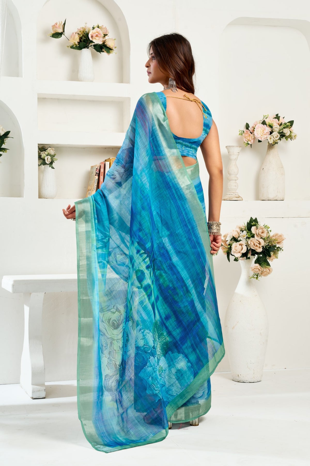 Multi Color Linen Ready To Wear Saree With Zari Border Printed