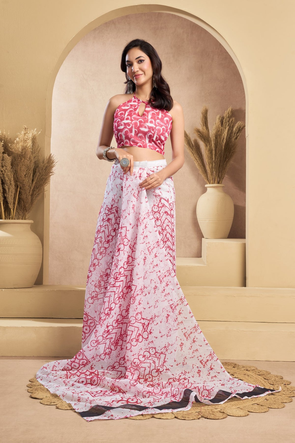 Multi Color Linen Ready To Wear Saree With Zari Border Printed