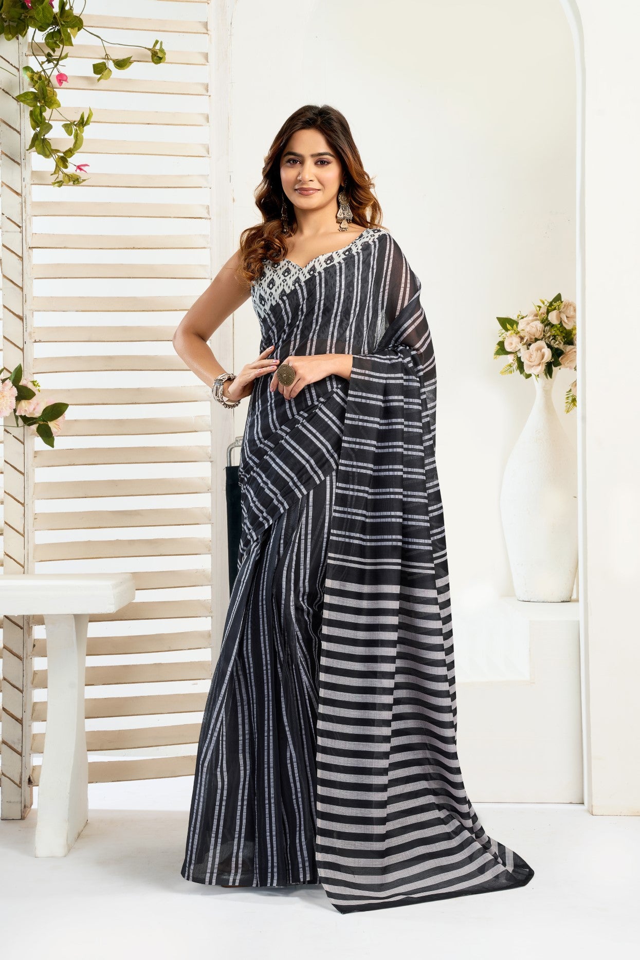 Multi Color Linen Ready To Wear Saree With Zari Border Printed
