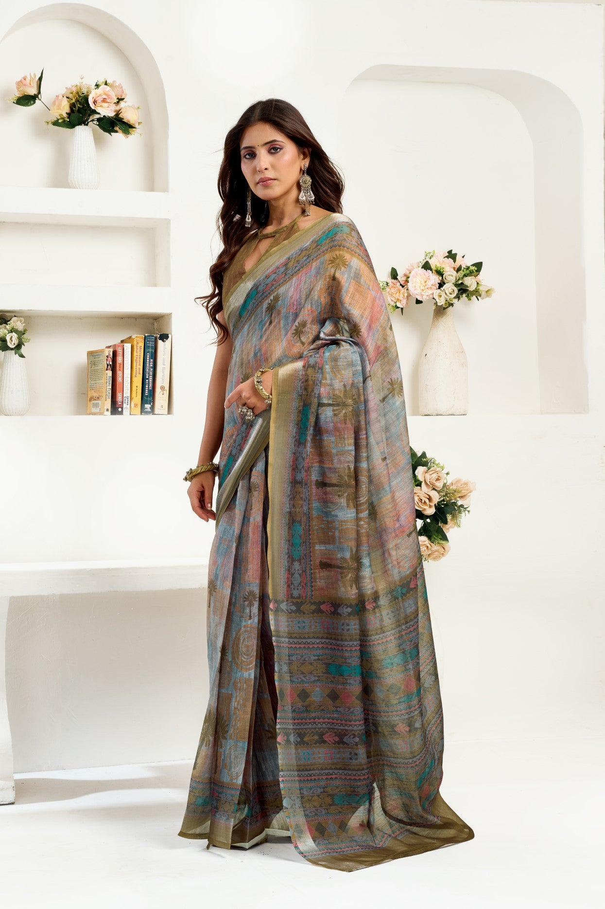 Multi Color Linen Ready To Wear Saree With Zari Border Printed