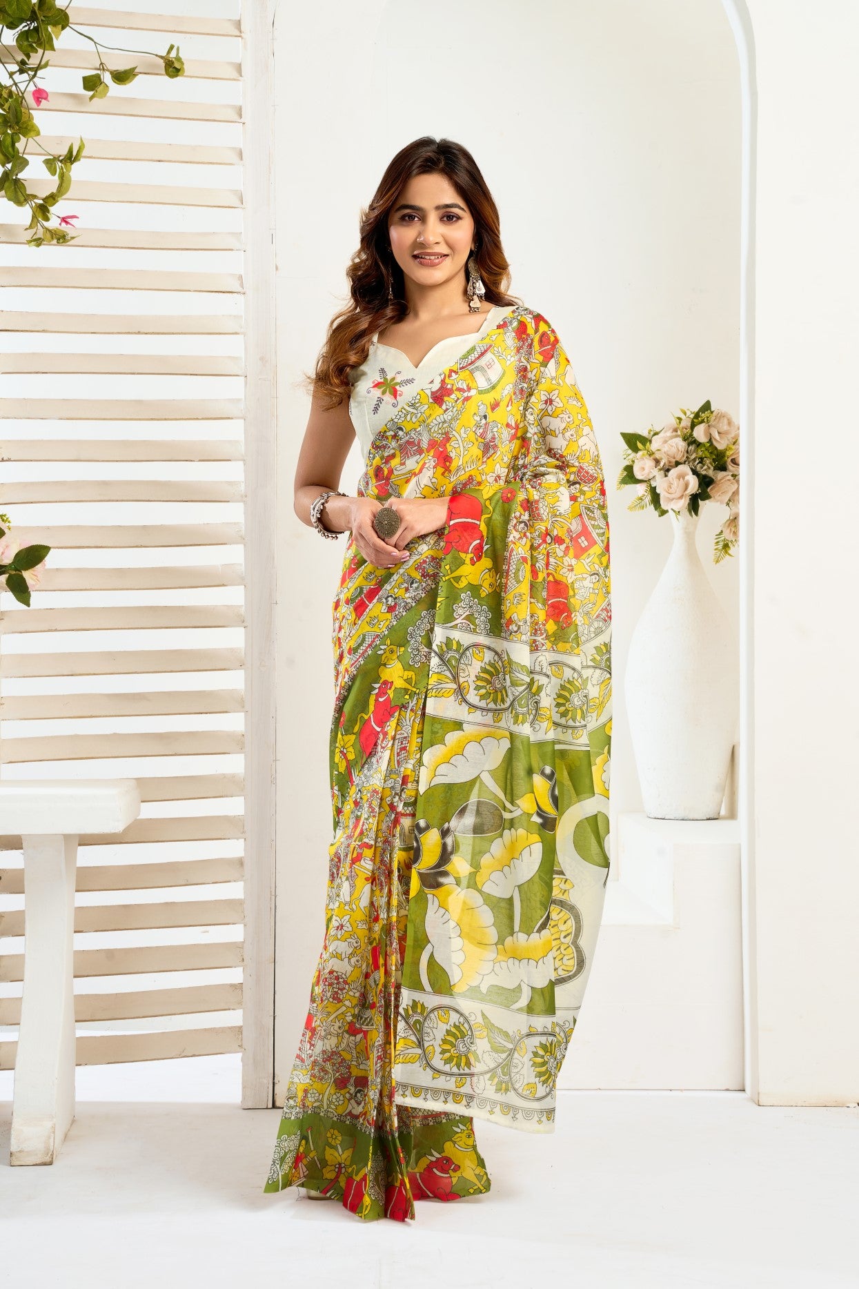 Multi Color Linen Ready To Wear Saree With Zari Border Printed