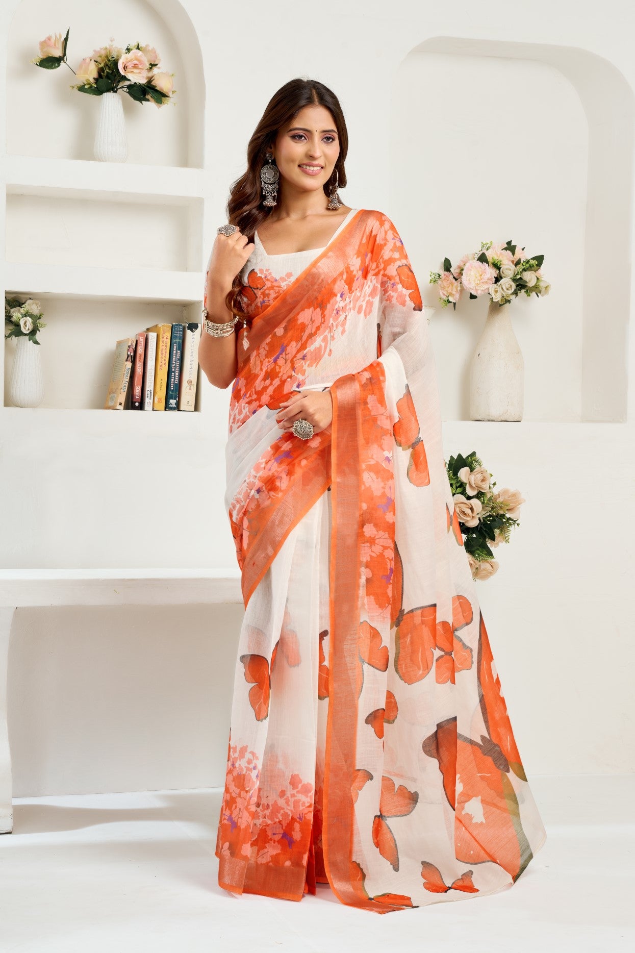 Multi Color Linen Ready To Wear Saree With Zari Border Printed