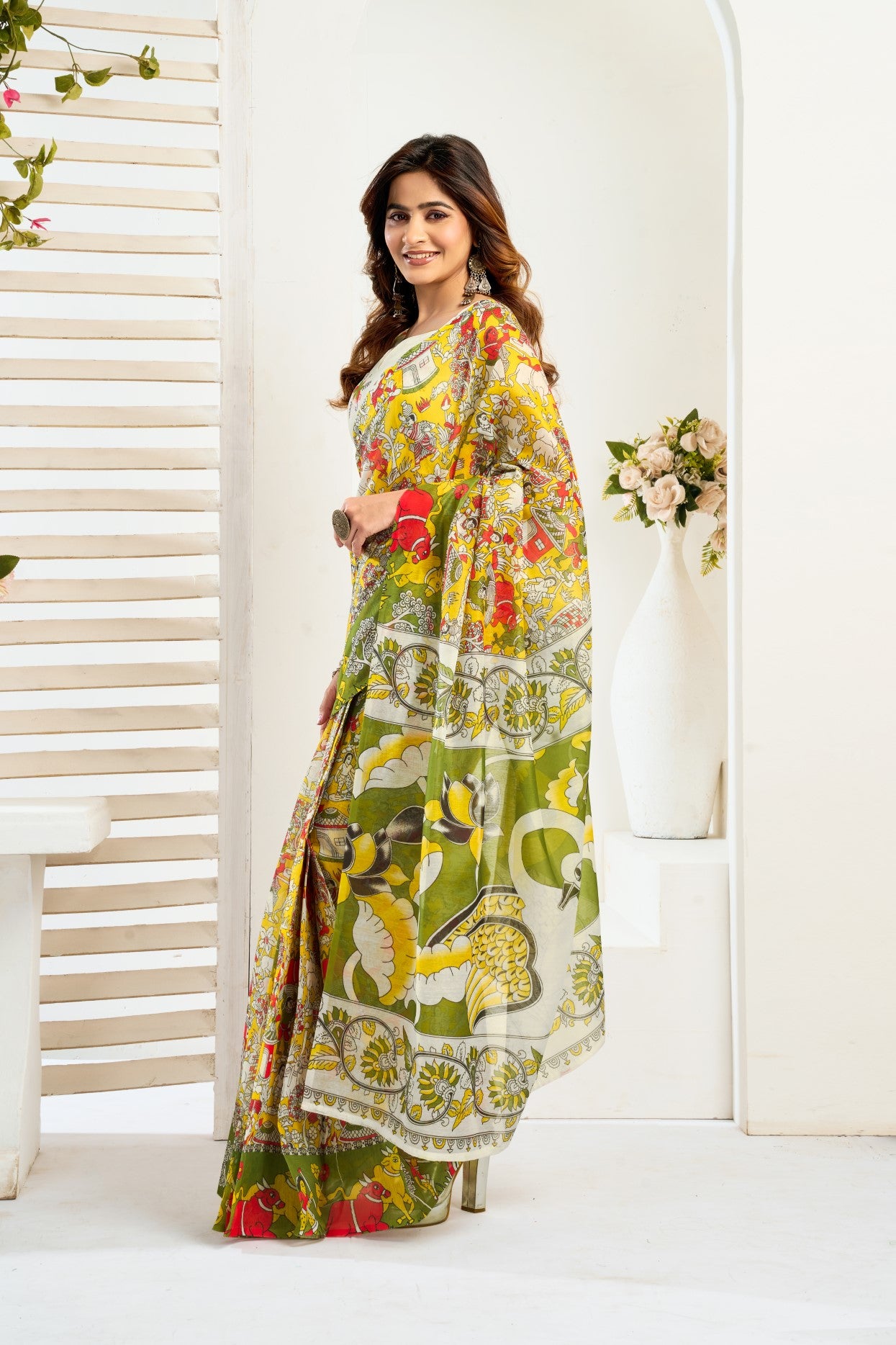 Multi Color Linen Ready To Wear Saree With Zari Border Printed