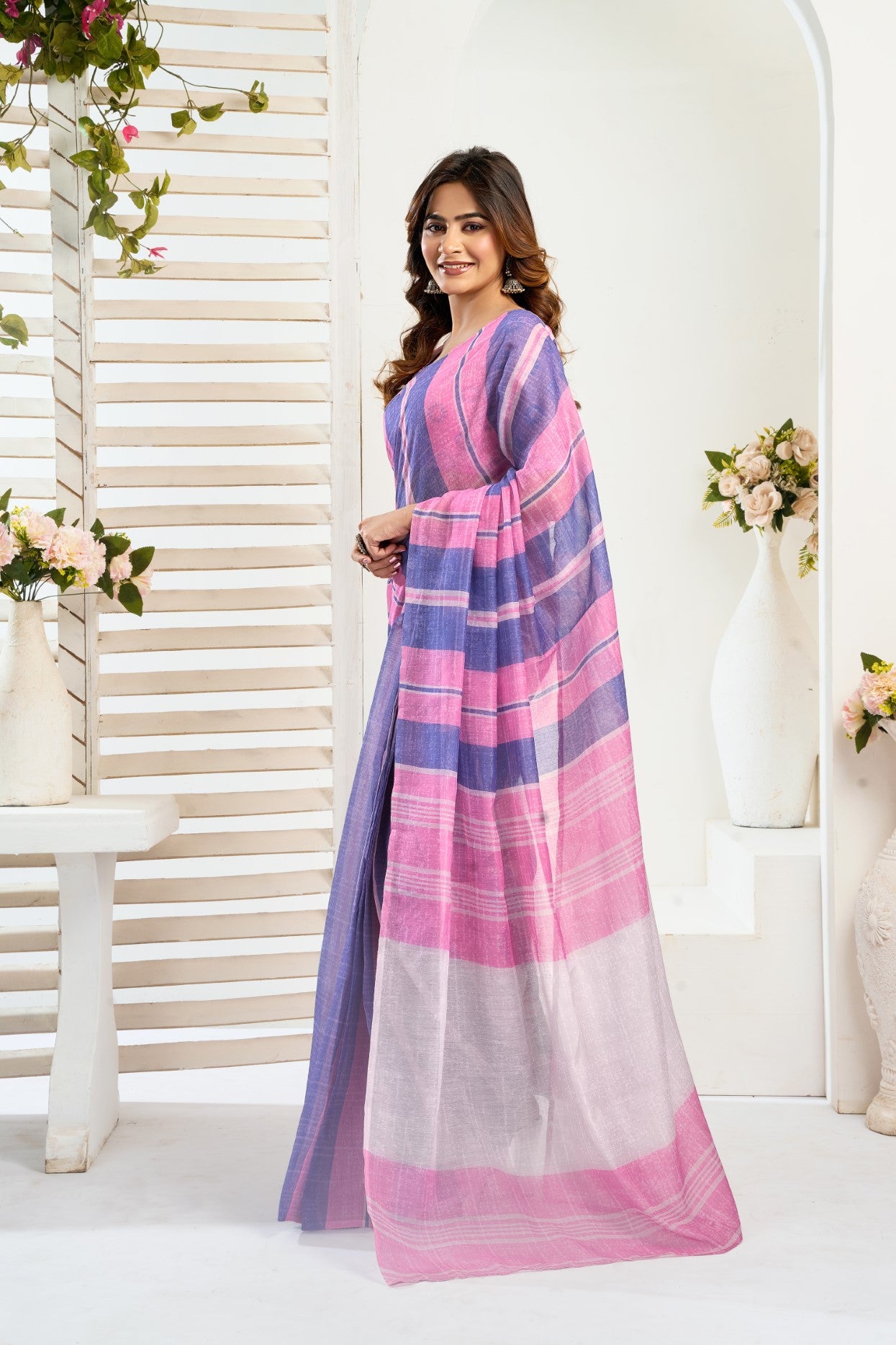 Multi Color Linen Ready To Wear Saree With Zari Border Printed