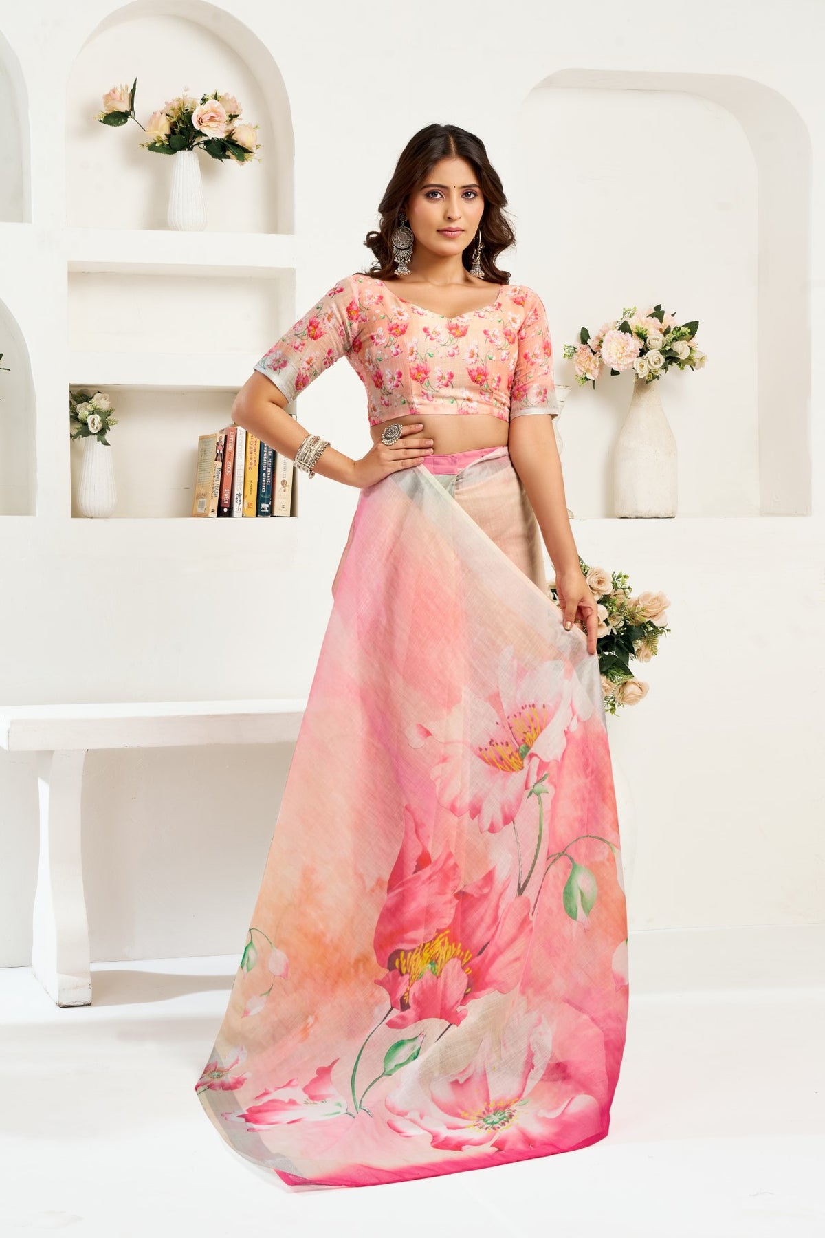 Multi Color Linen Ready To Wear Saree With Zari Border Printed