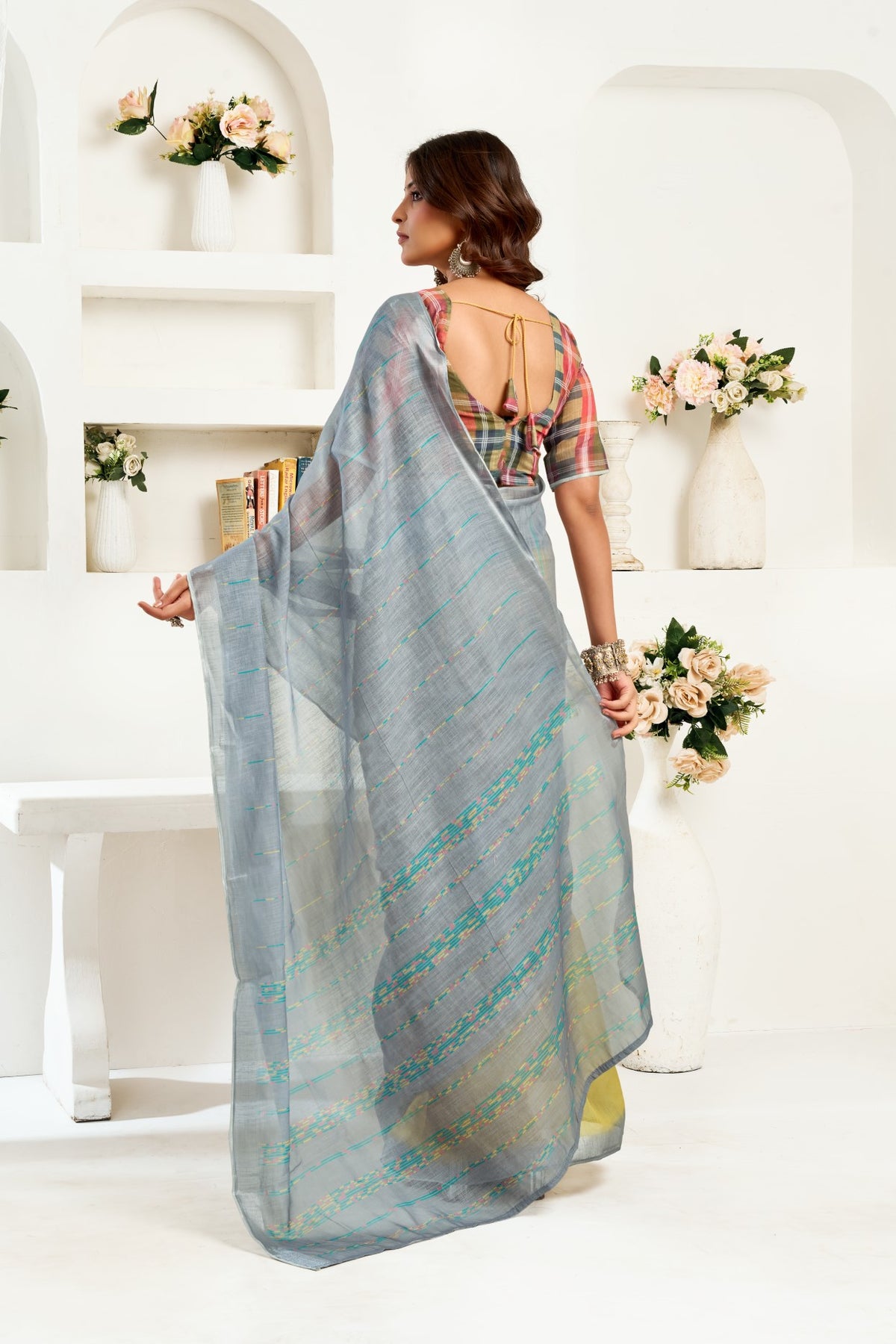 Multi Color Linen Ready To Wear Saree With Zari Border Printed