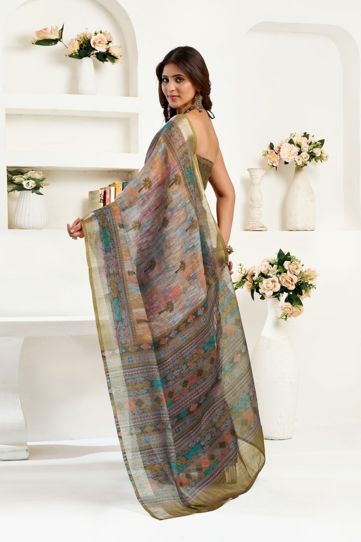 Multi Color Linen Ready To Wear Saree With Zari Border Printed