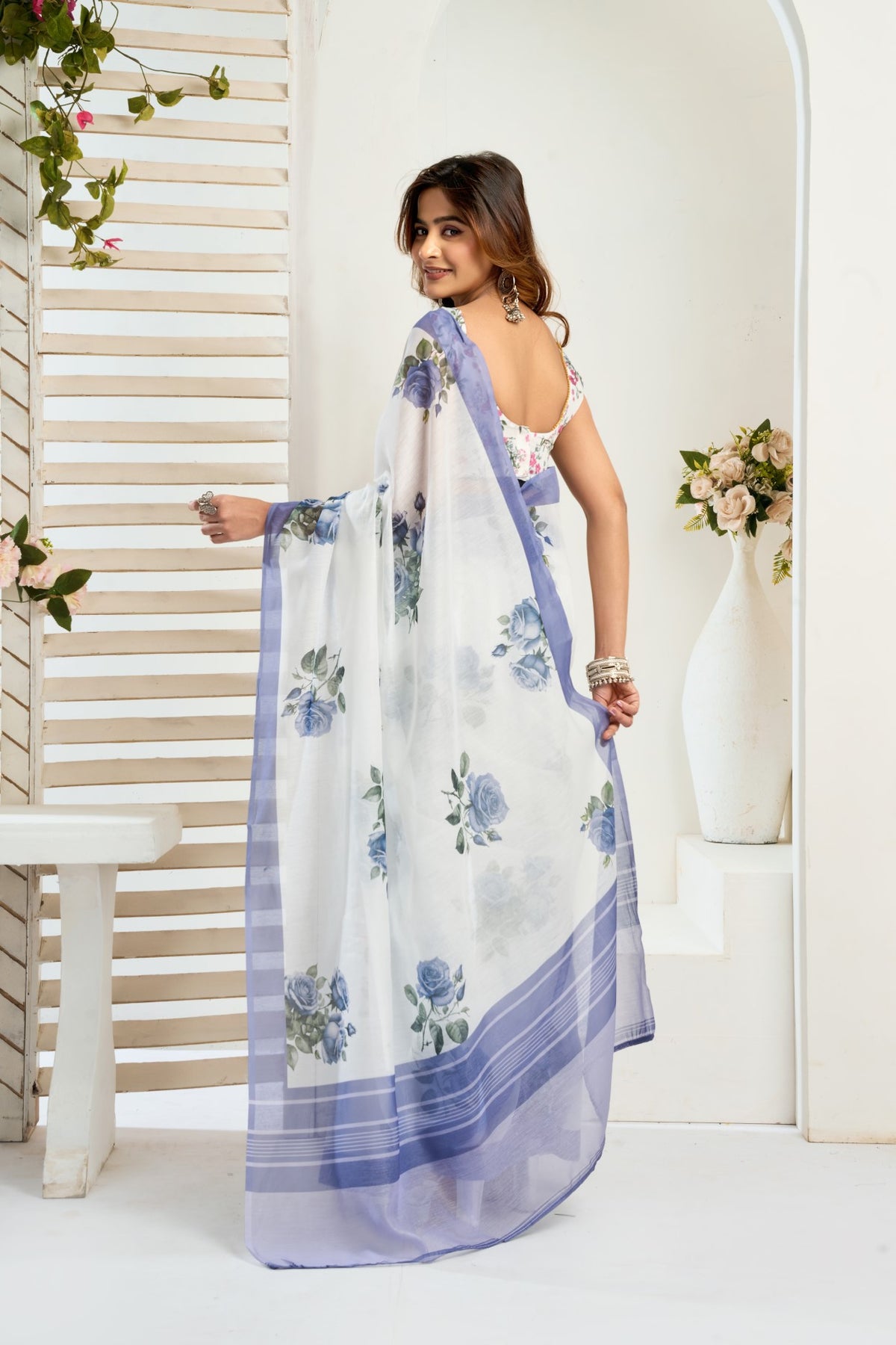 Multi Color Linen Ready To Wear Saree With Zari Border Printed