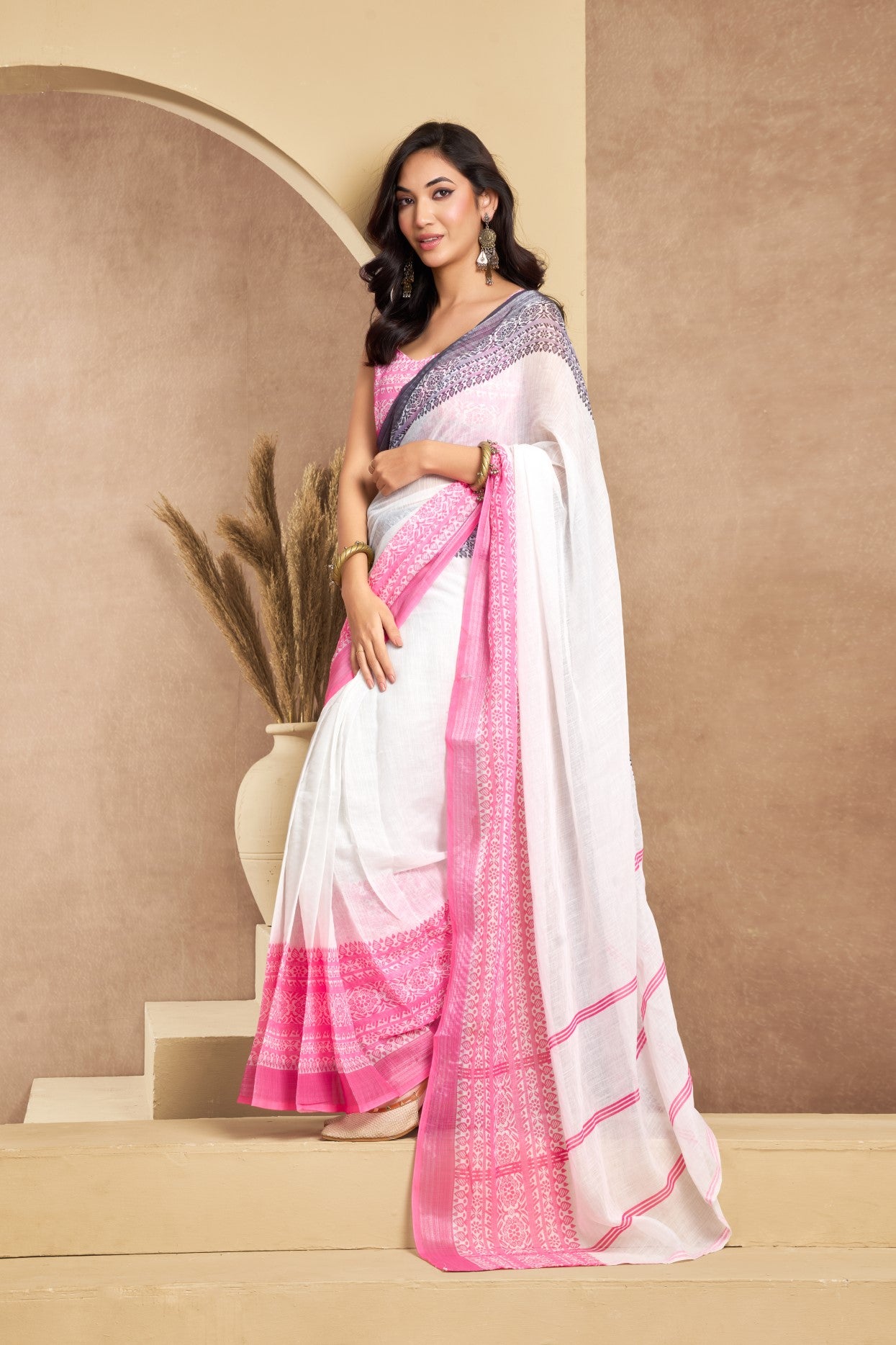 Multi Color Linen Ready To Wear Saree With Zari Border Printed