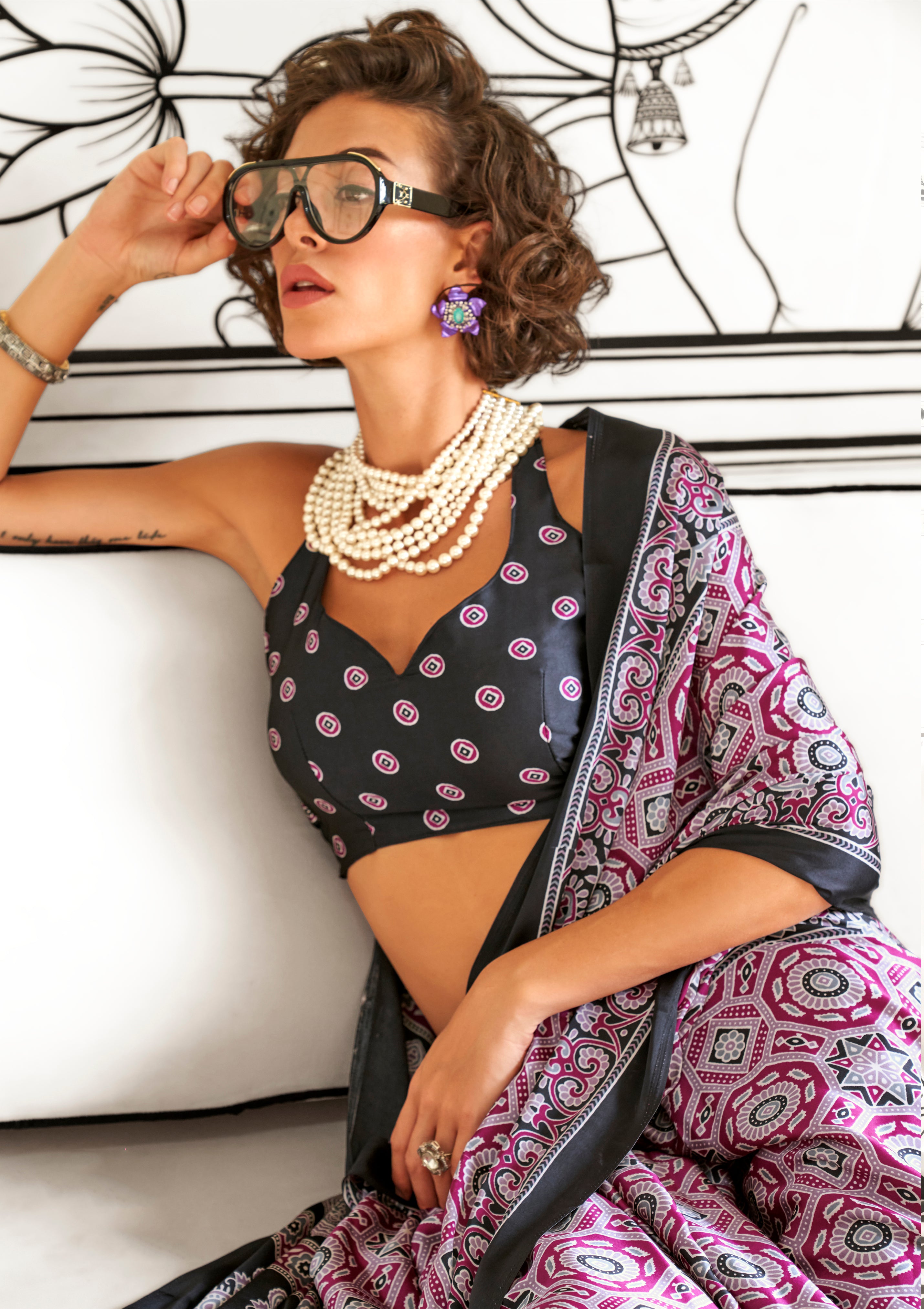 MultiColor Satin Crape Saree With Digital Print