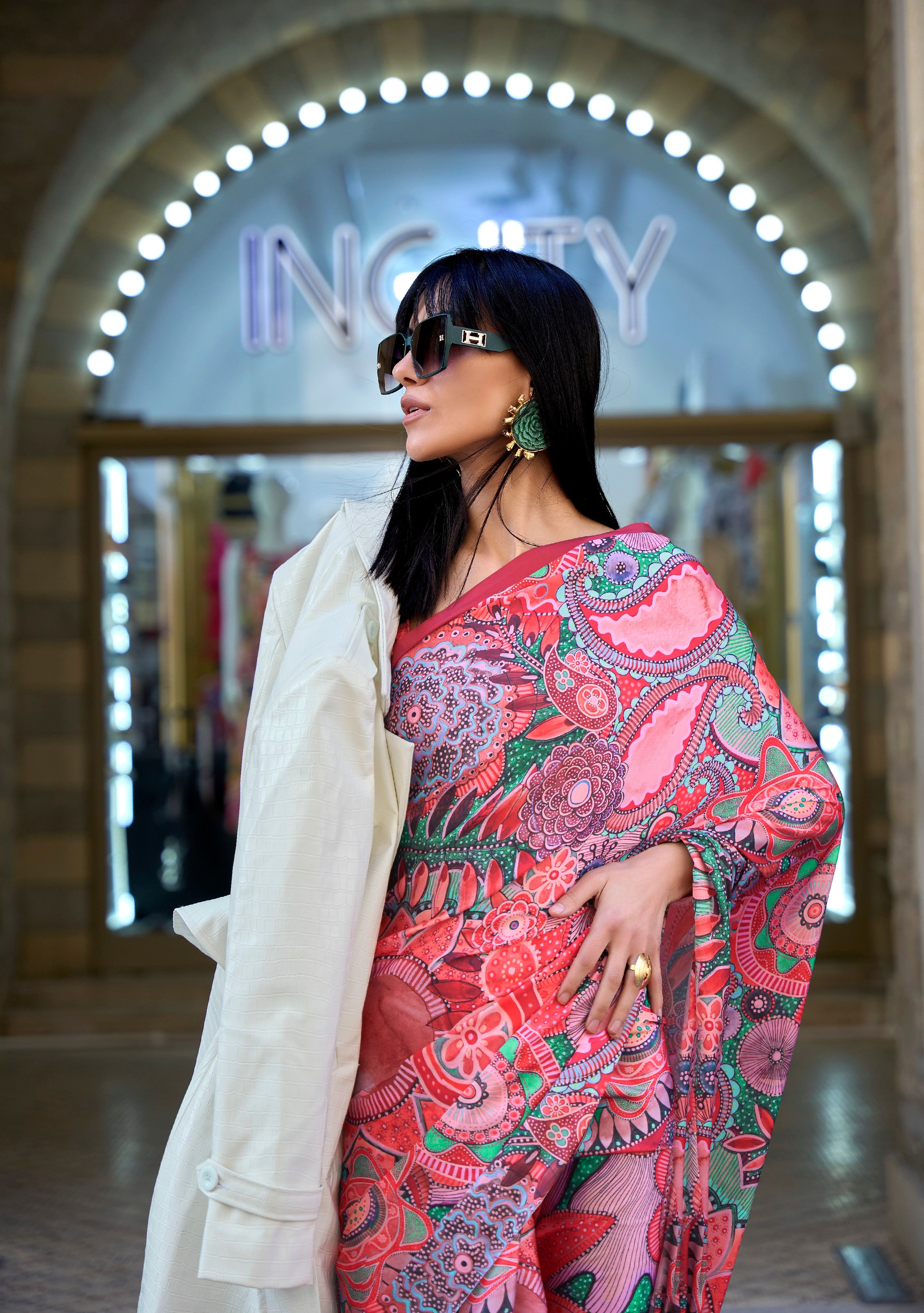 Multi Color Satin Crape Saree With Digital Print