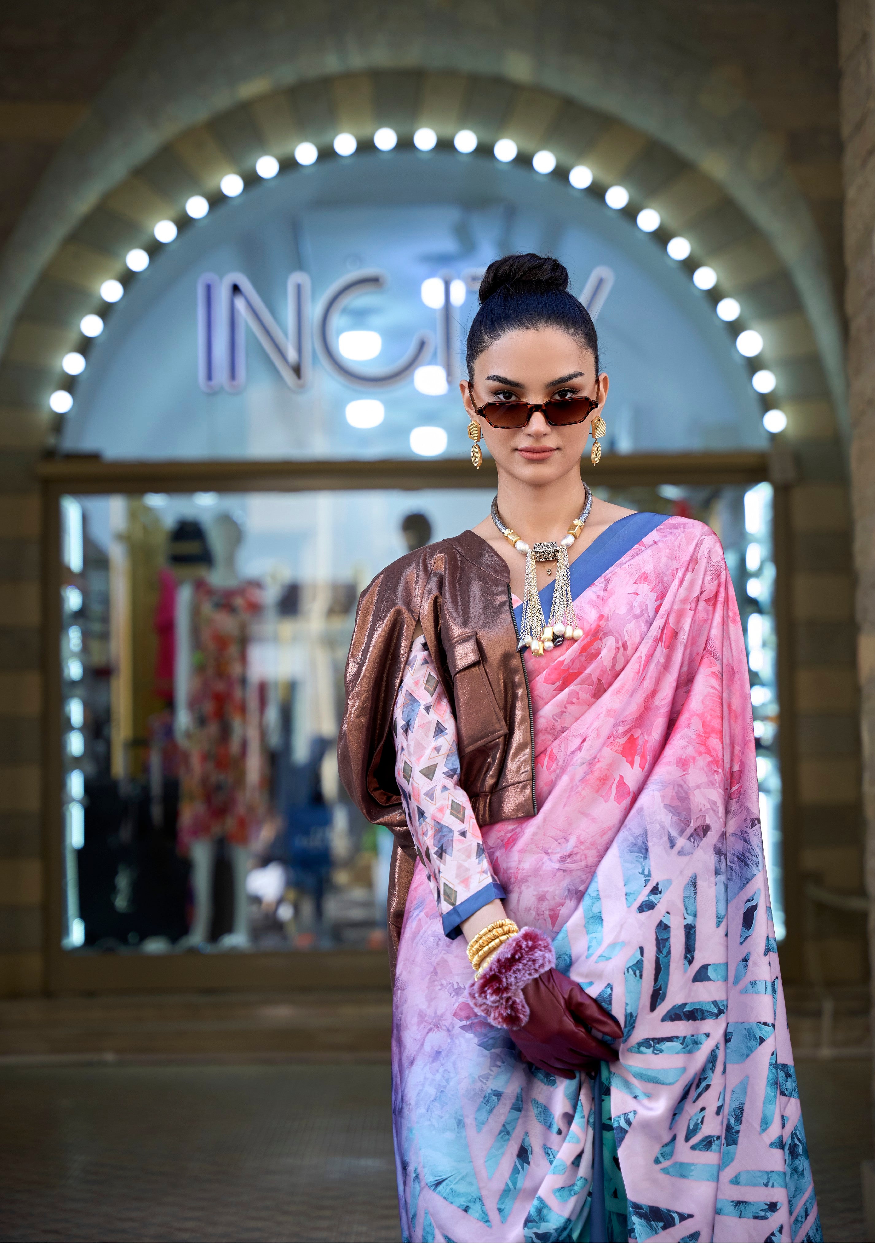 Multi Color Satin Crape Saree With Digital Print