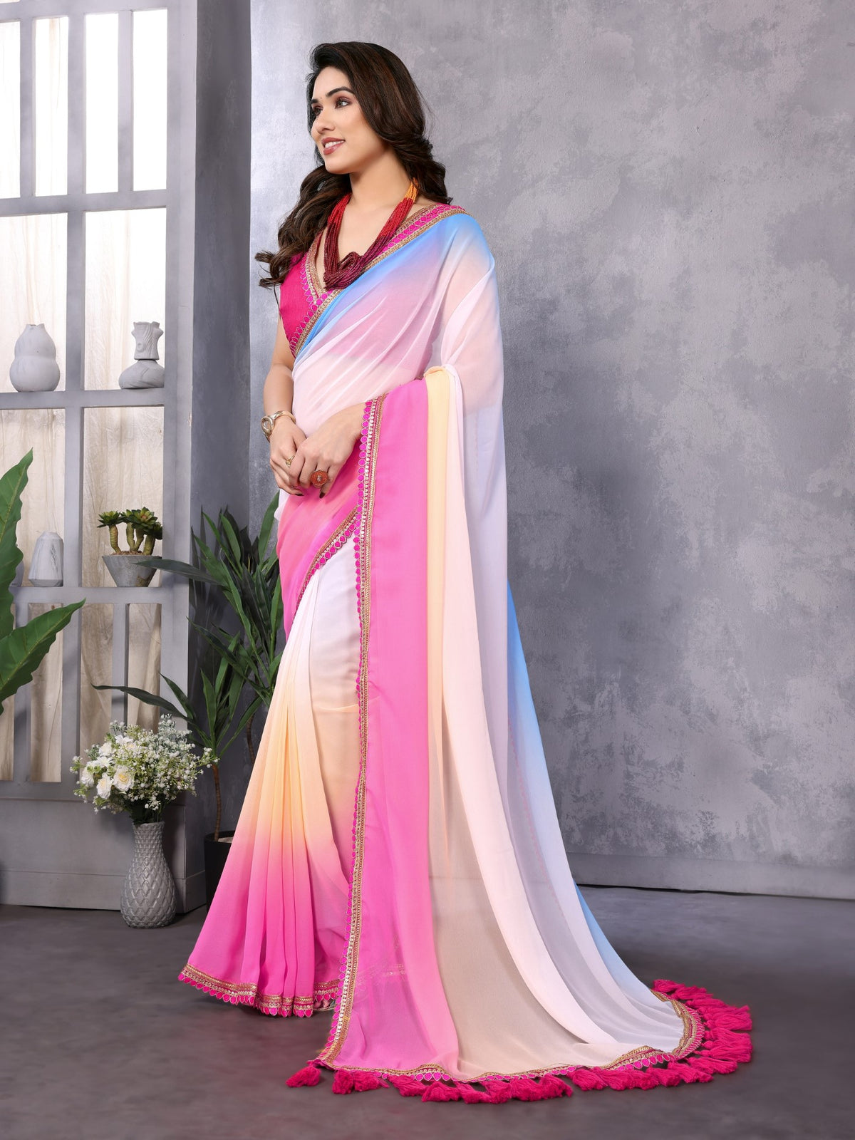Multi Georgette Saree With Padding Saree With Embroidery Work Lace