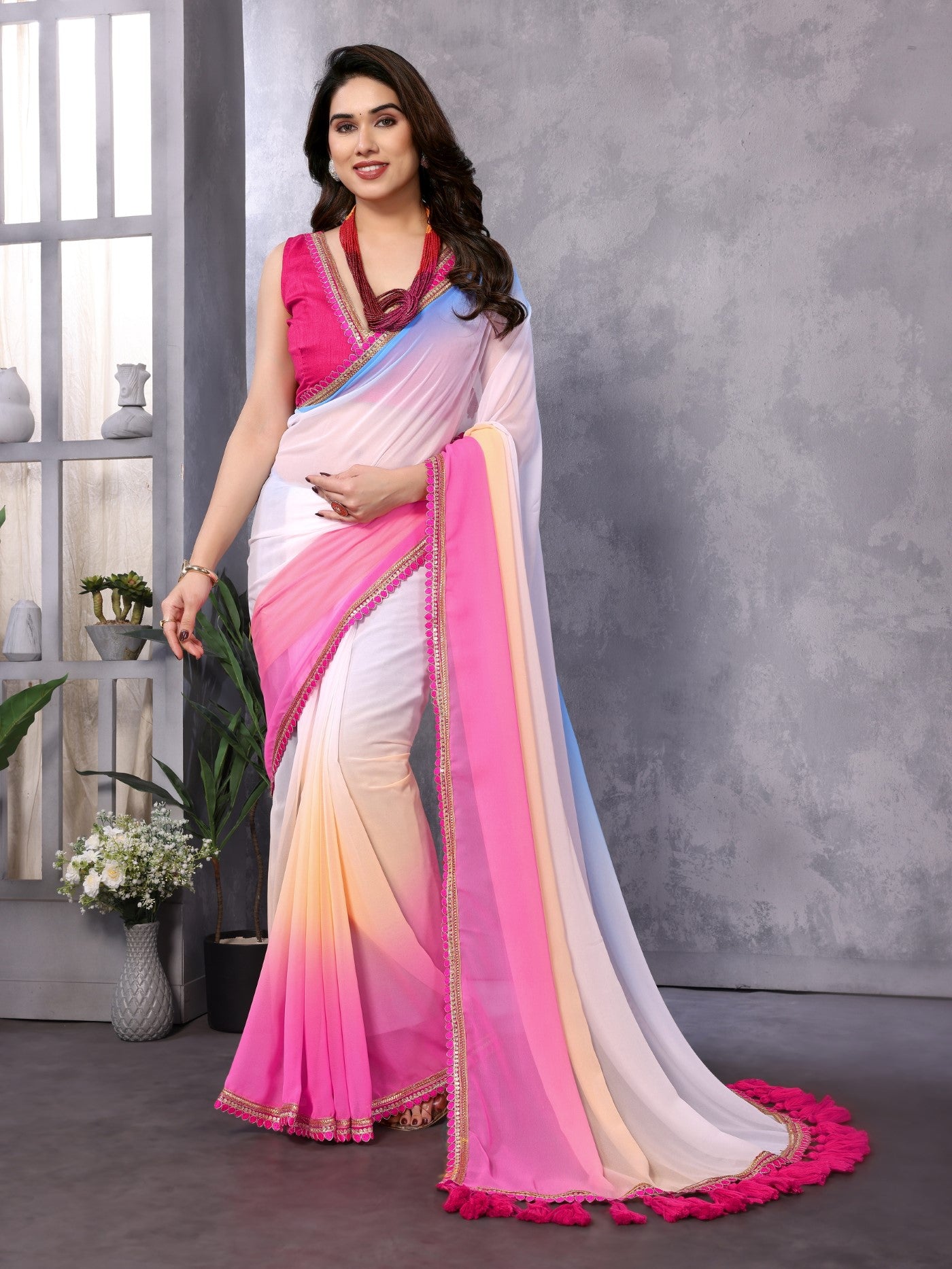 Multi Georgette Saree With Padding Saree With Embroidery Work Lace