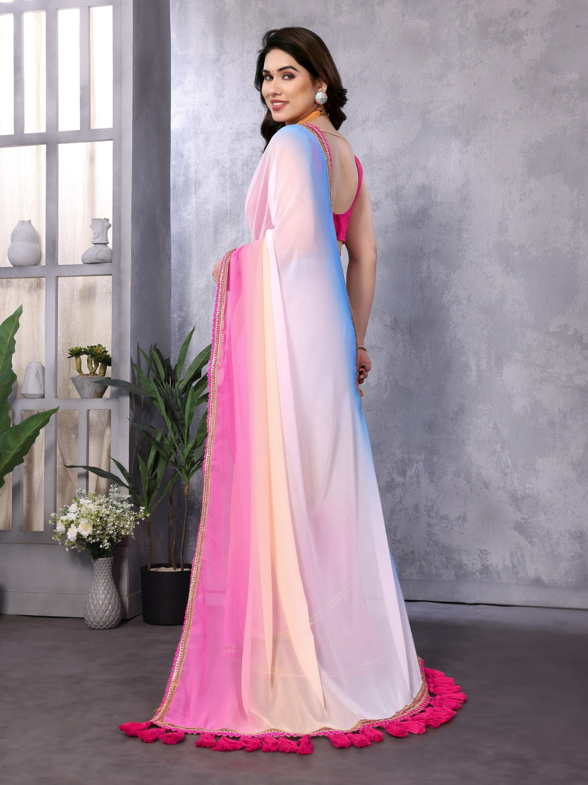 Multi Georgette Saree With Padding Saree With Embroidery Work Lace