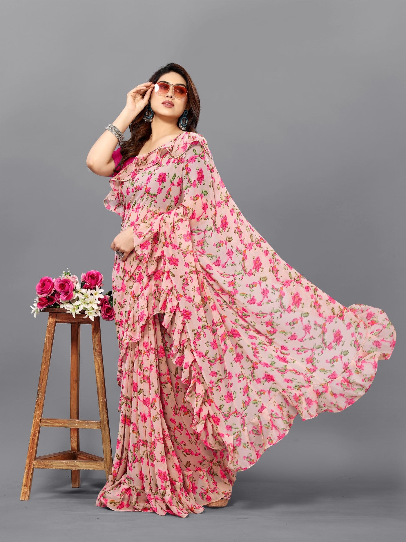 Multi Georgette Saree With Printed Ruffle Saree
