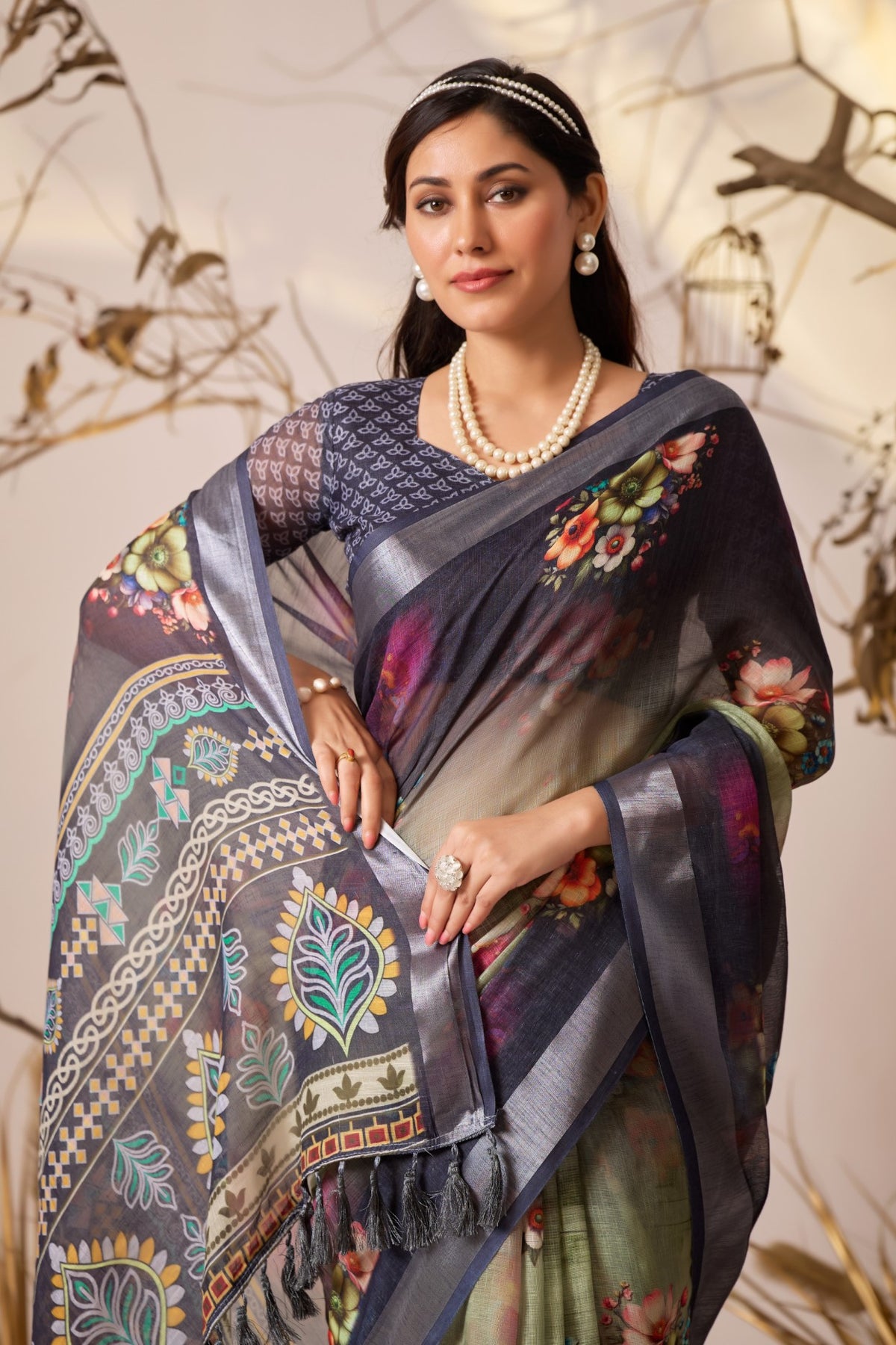 Multi Linen Cotton Saree With Digital Printed Premium Designer Saree
