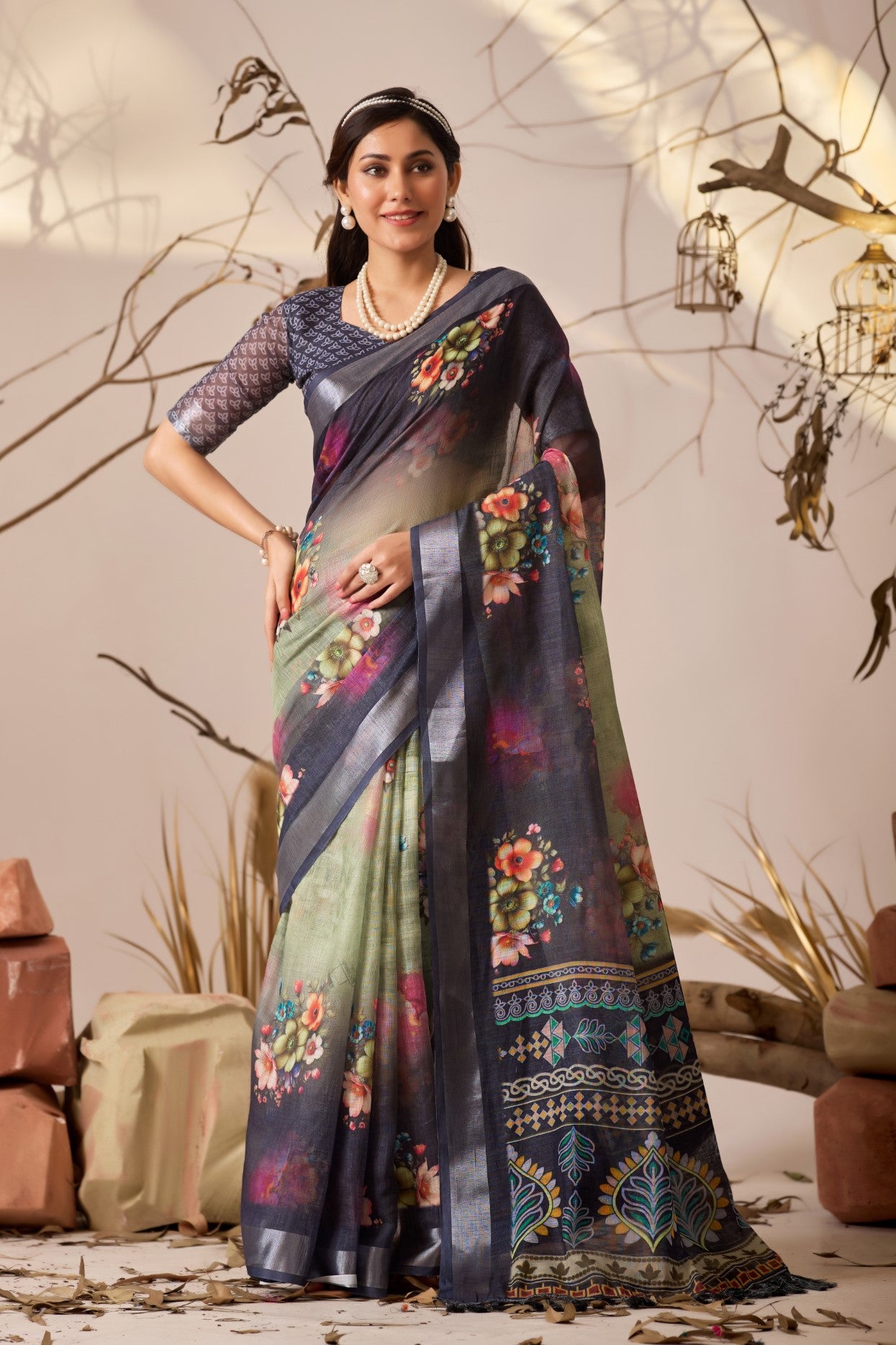 Multi Linen Cotton Saree With Digital Printed Premium Designer Saree