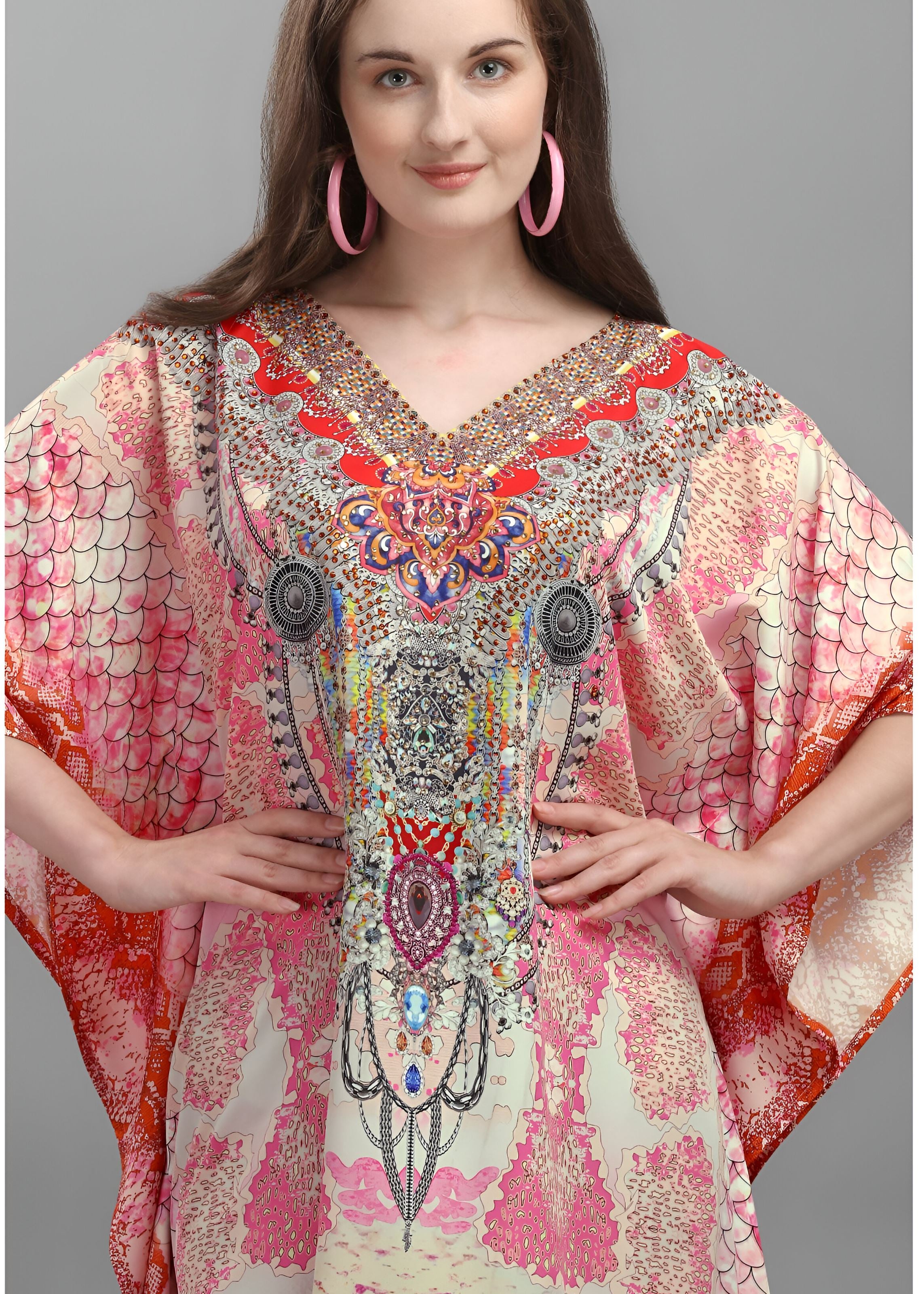 Multi Polyester Crepe Readymade Kaftan Digital Print With Stone Work