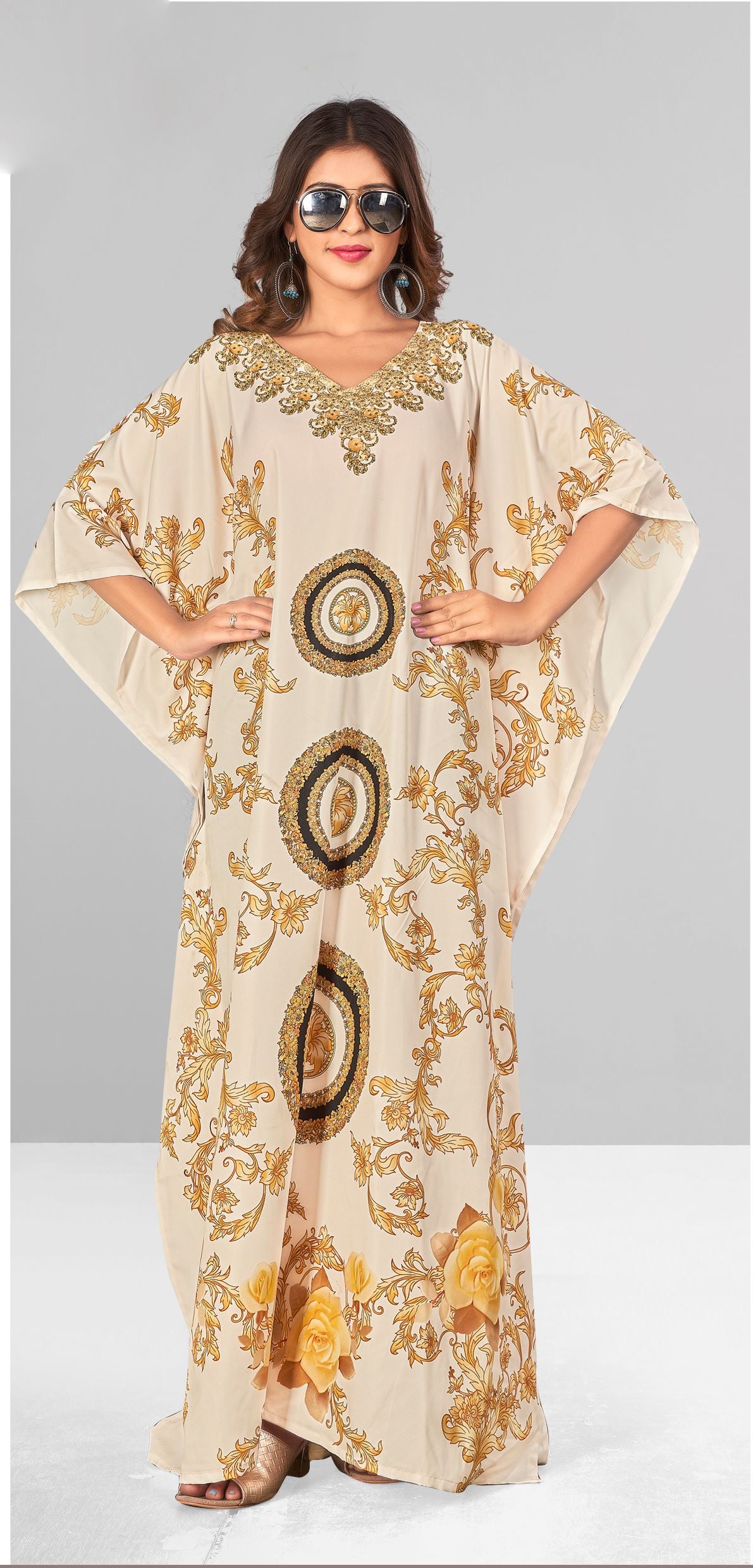 Multi Polyester Crepe Readymade Kaftan Digital Print With Stone Work