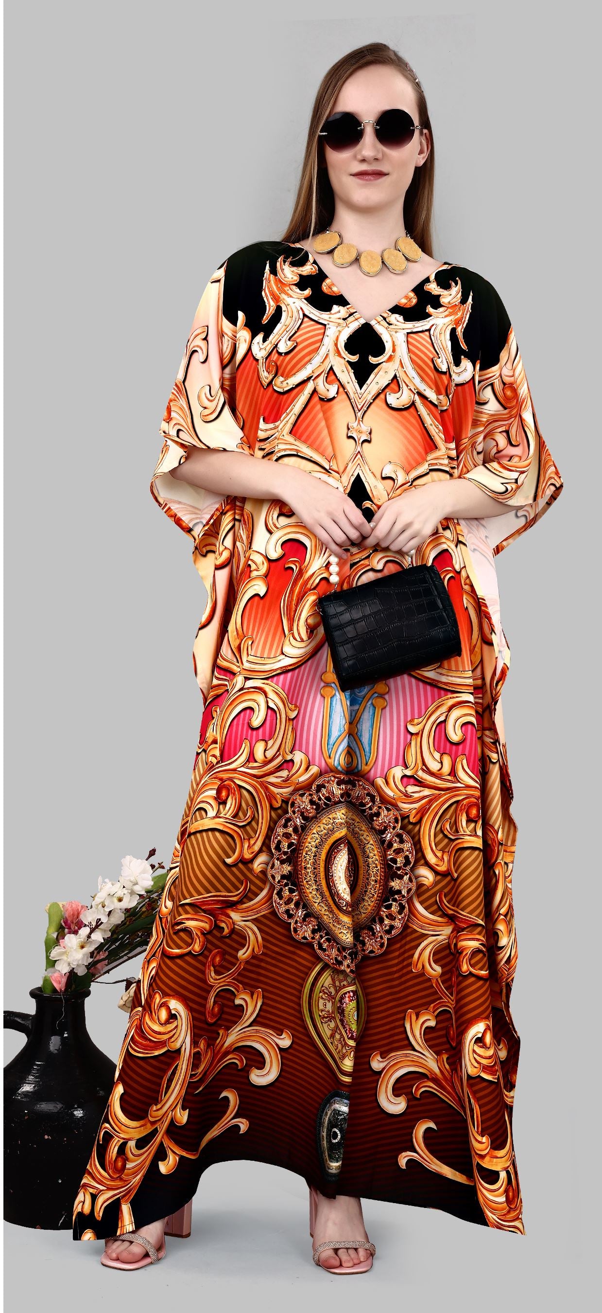 Multi Polyester Crepe Readymade Kaftan Digital Print With Stone Work