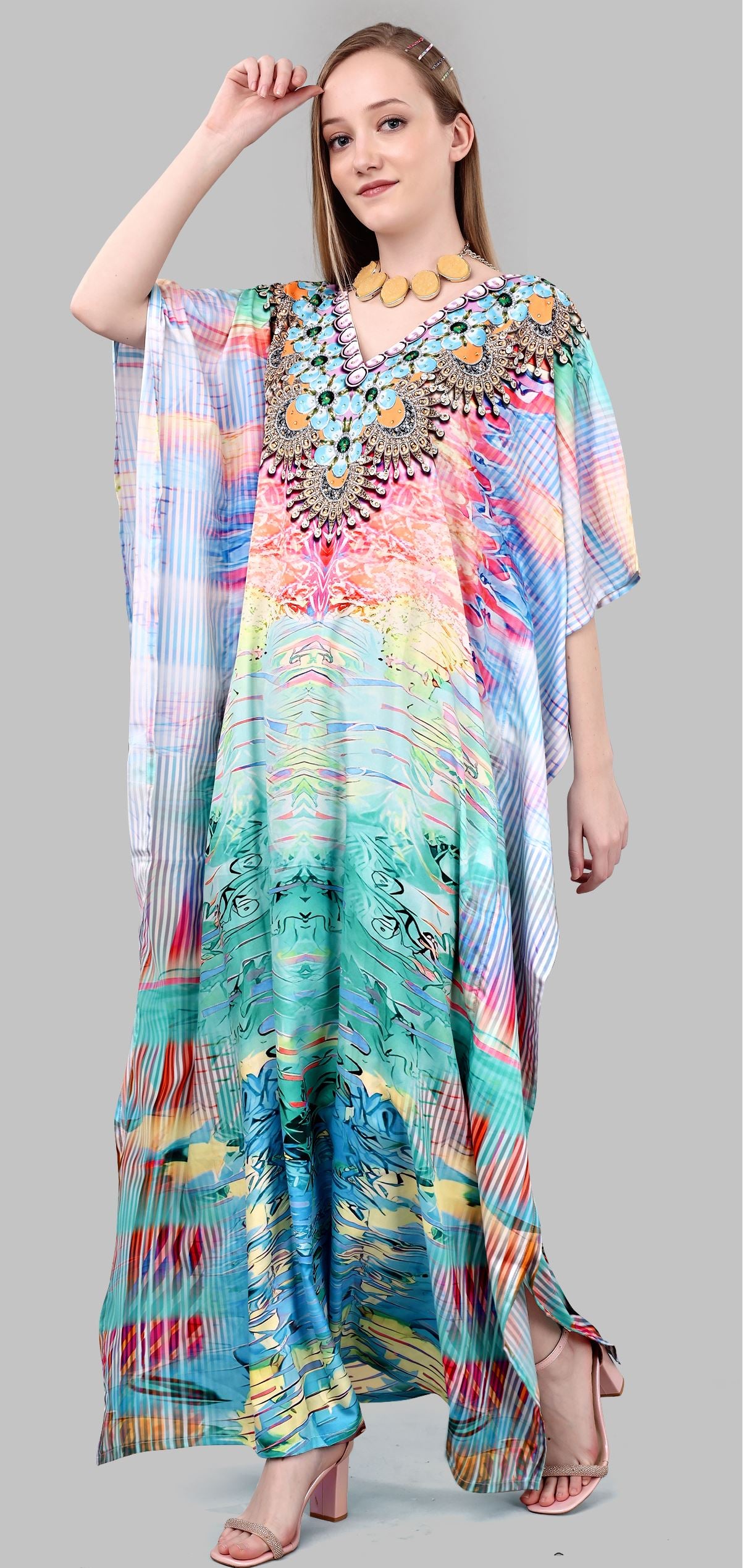 Multi Polyester Crepe Readymade Kaftan Digital Print With Stone Work