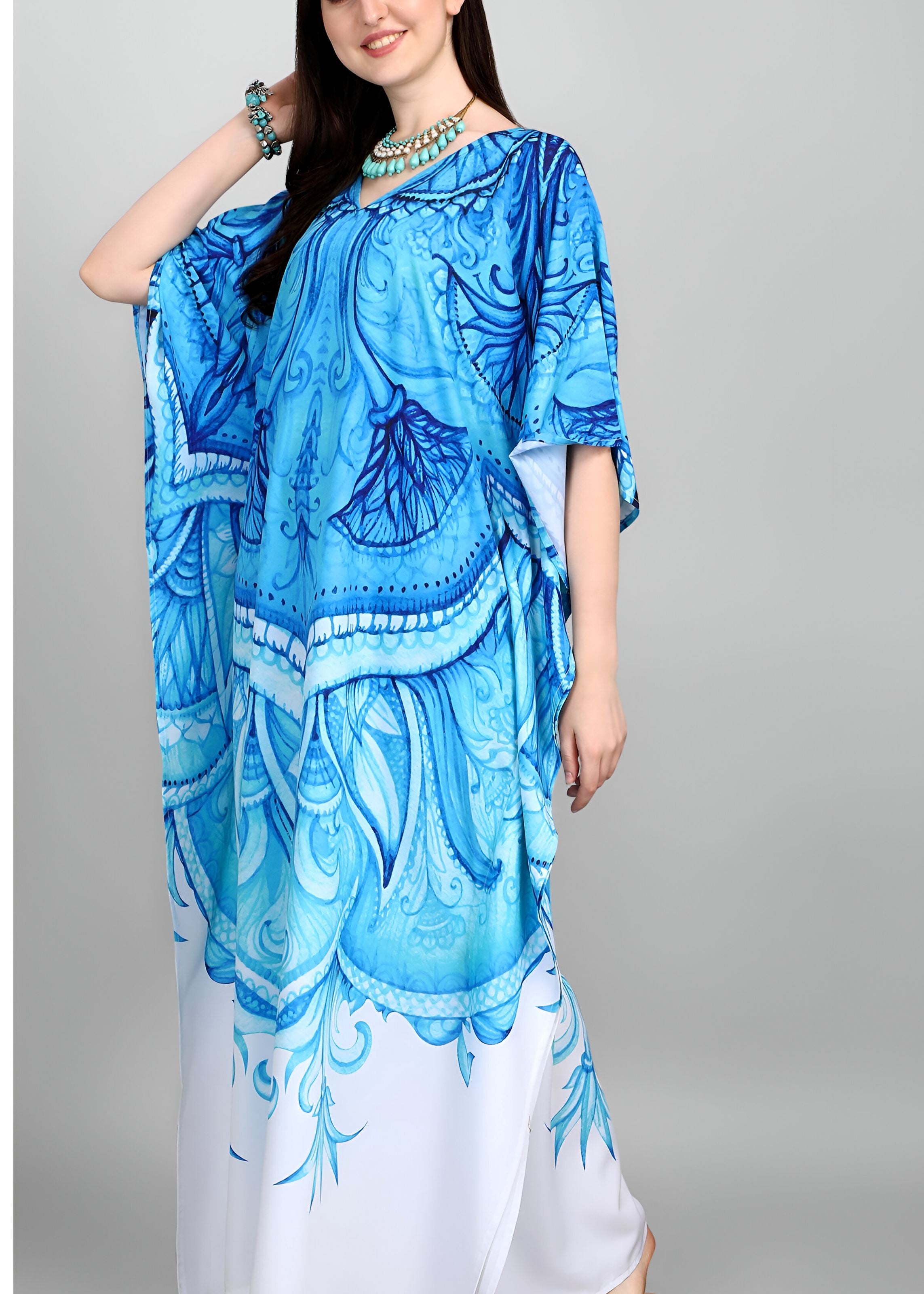 Multi Polyester Crepe Readymade Kaftan Digital Print With Stone Work